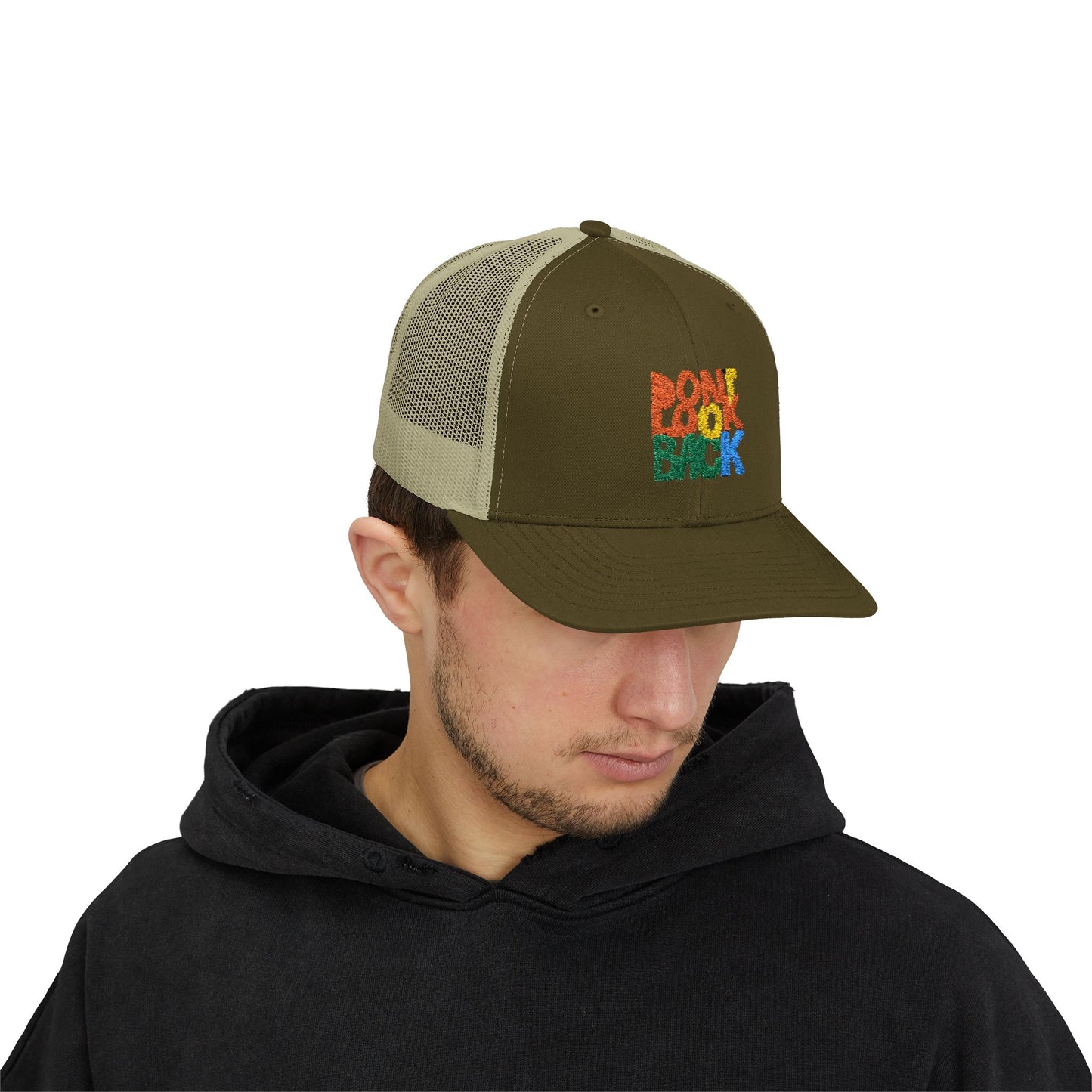 Don’t Look Back Snapback Trucker Cap — Retro Rainbow Embroidered Hat