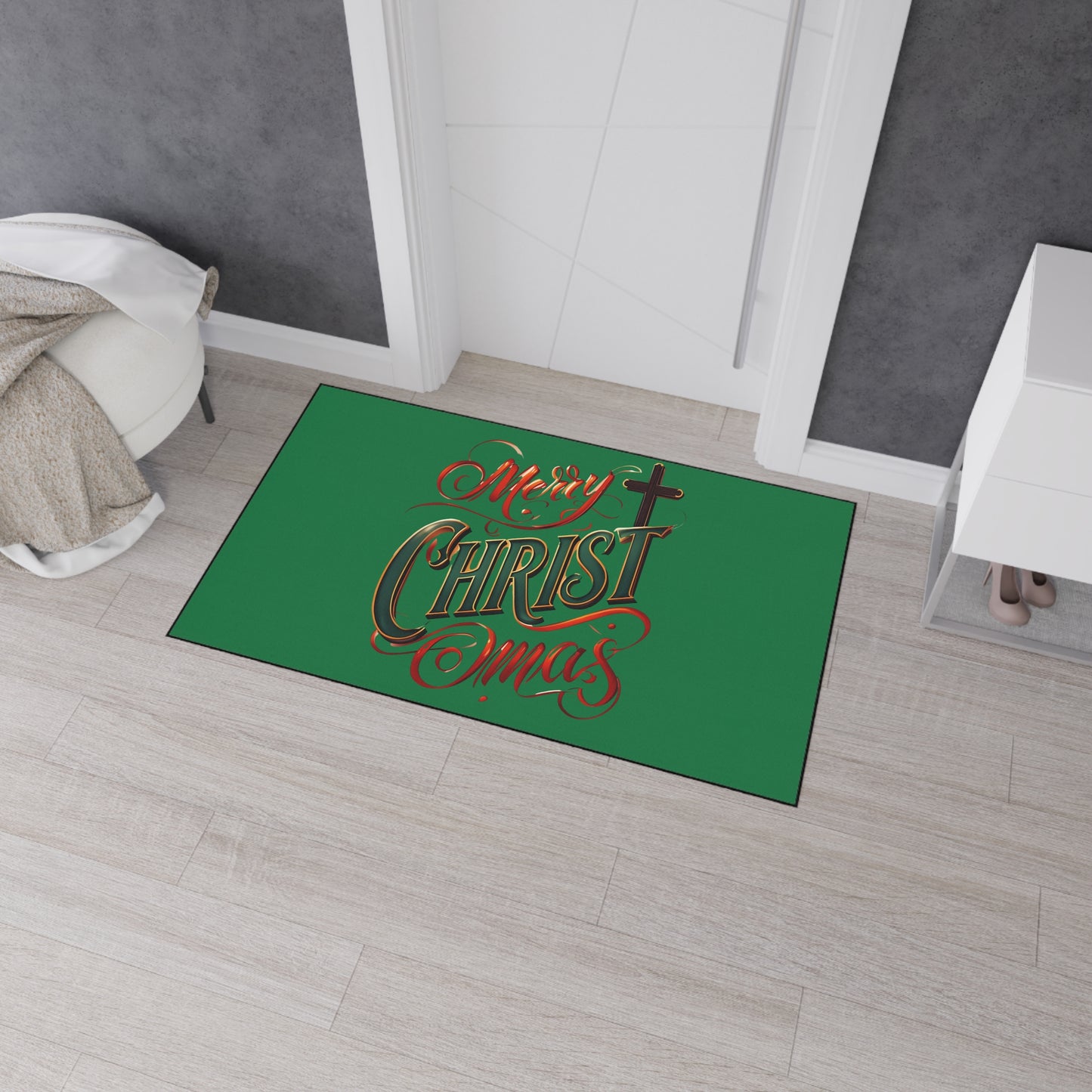Christmas Floor Mat - "Merry Christmas" Script with Cross, Heavy-Duty Holiday Doormat