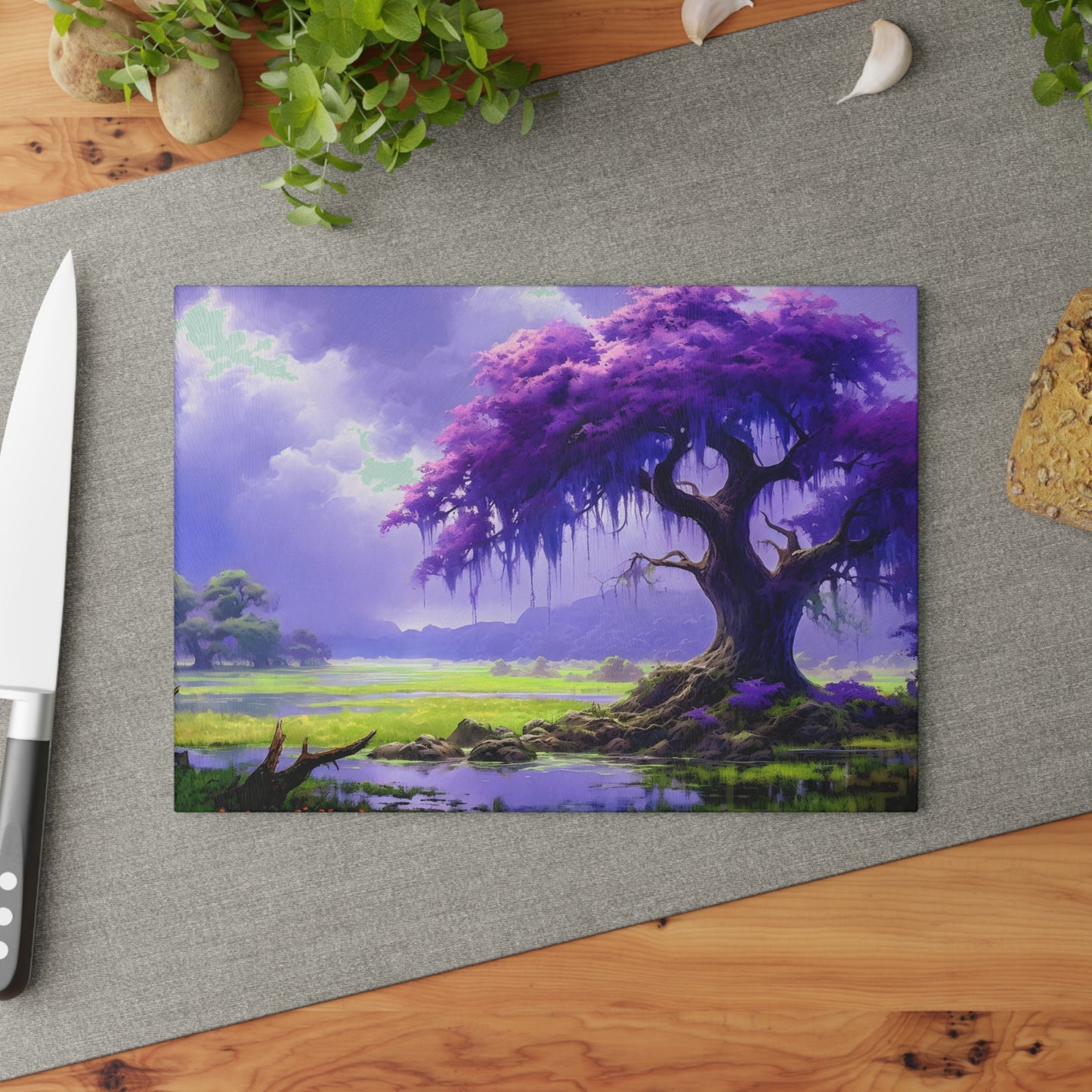 Purple Fantasy Tree Glass Cutting Board — Decorative Kitchen Glass Chopping Board
