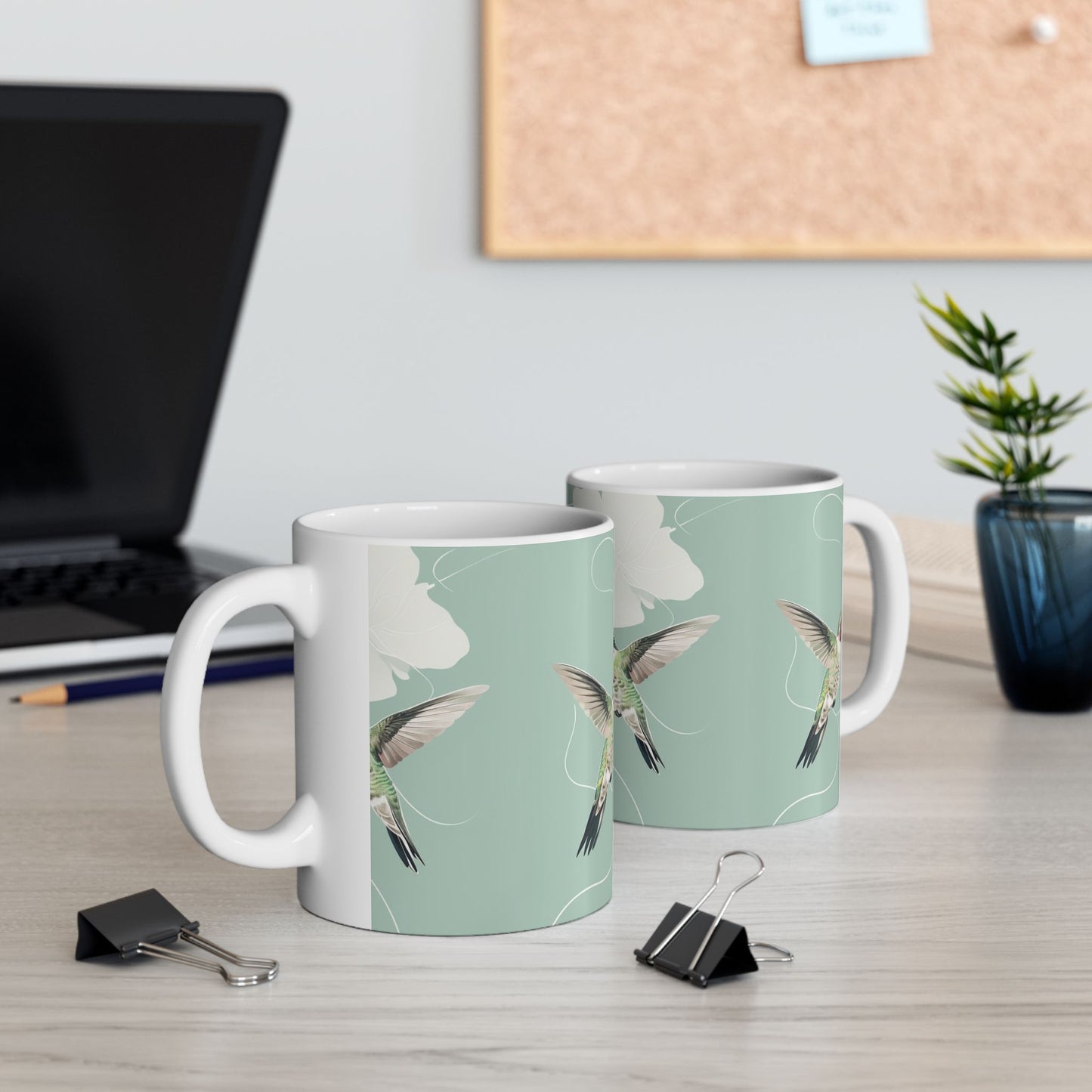 Hummingbird Floral Ceramic Mug – Botanical Mint Coffee Cup (11oz & 15oz)