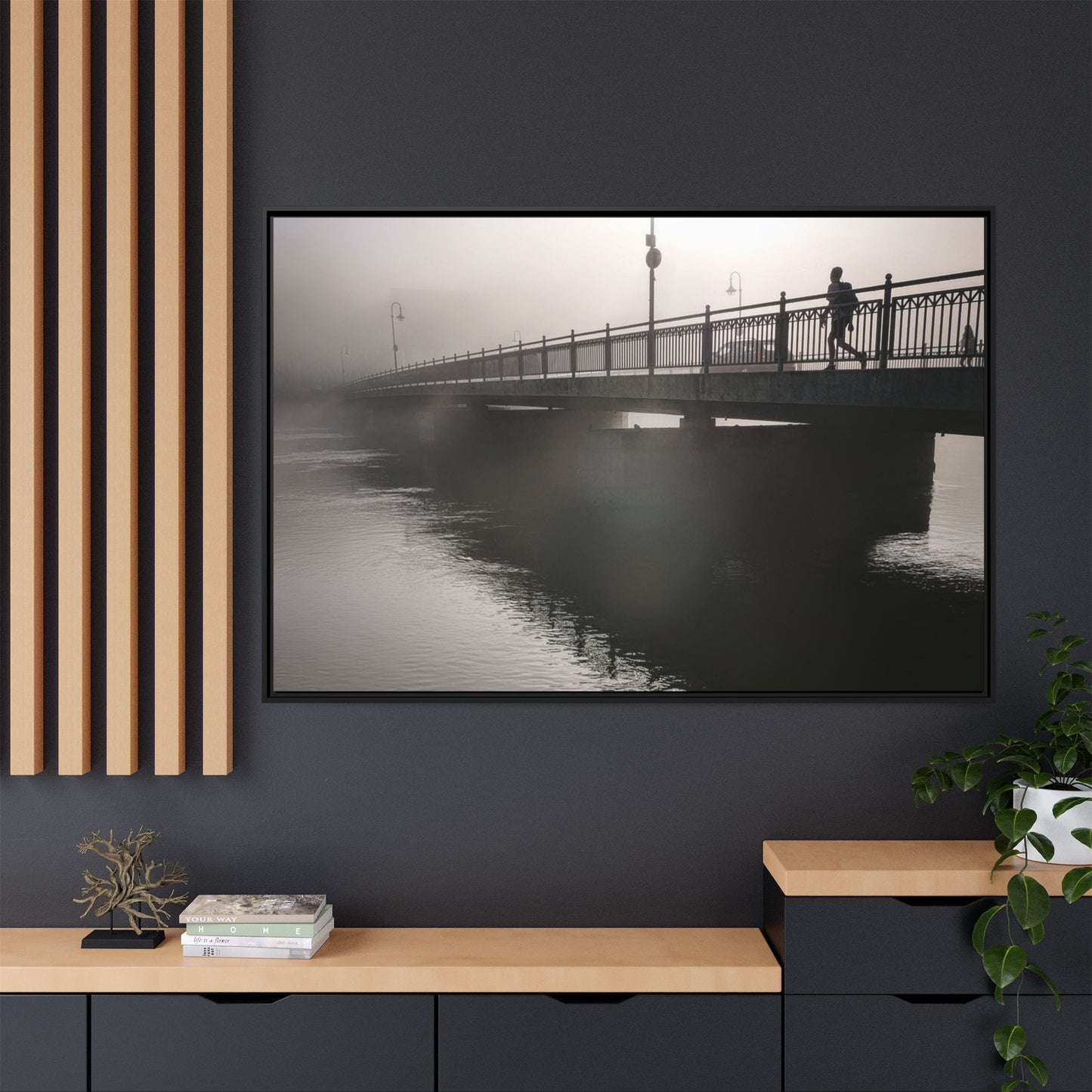 Framed Matte Canvas - Foggy Bridge Black & White Photography