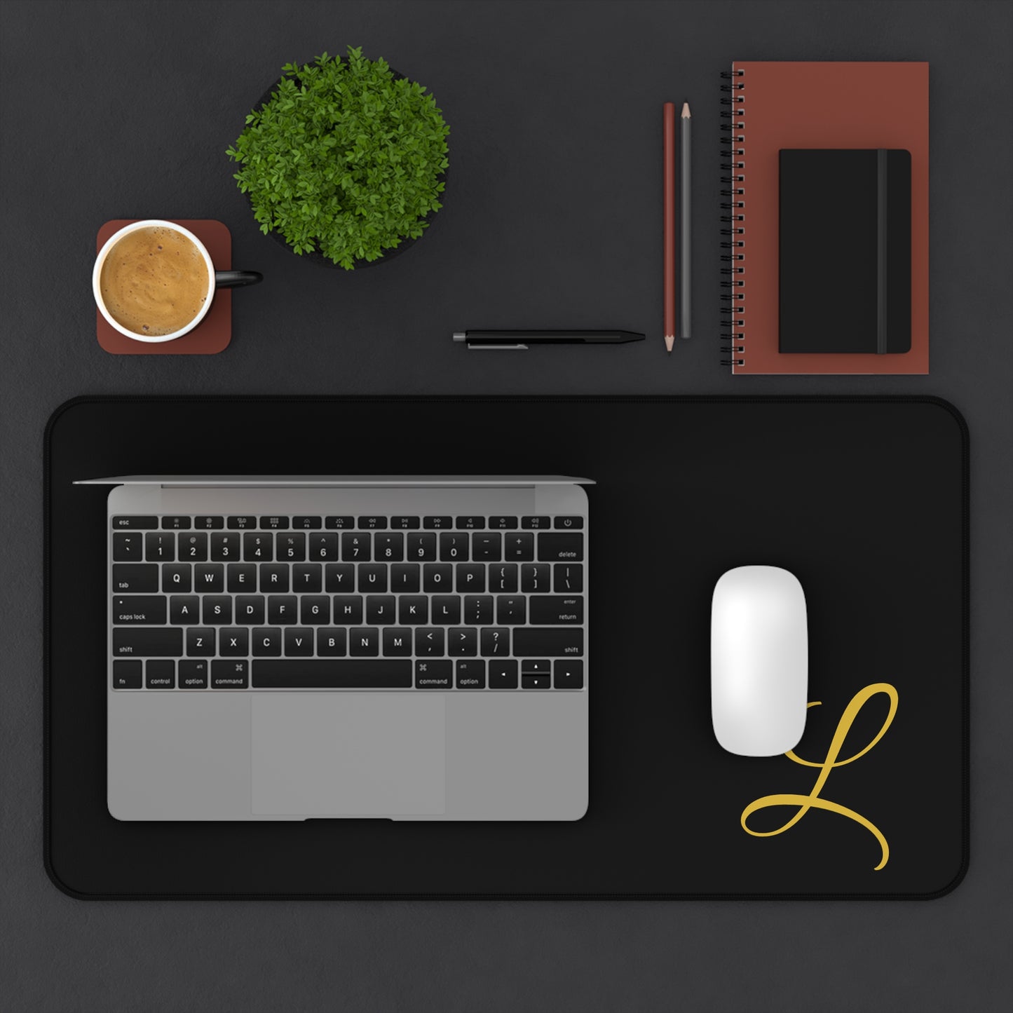 Elegant Monogram Desk Mat — Black Desk Pad with Gold “L” Accent