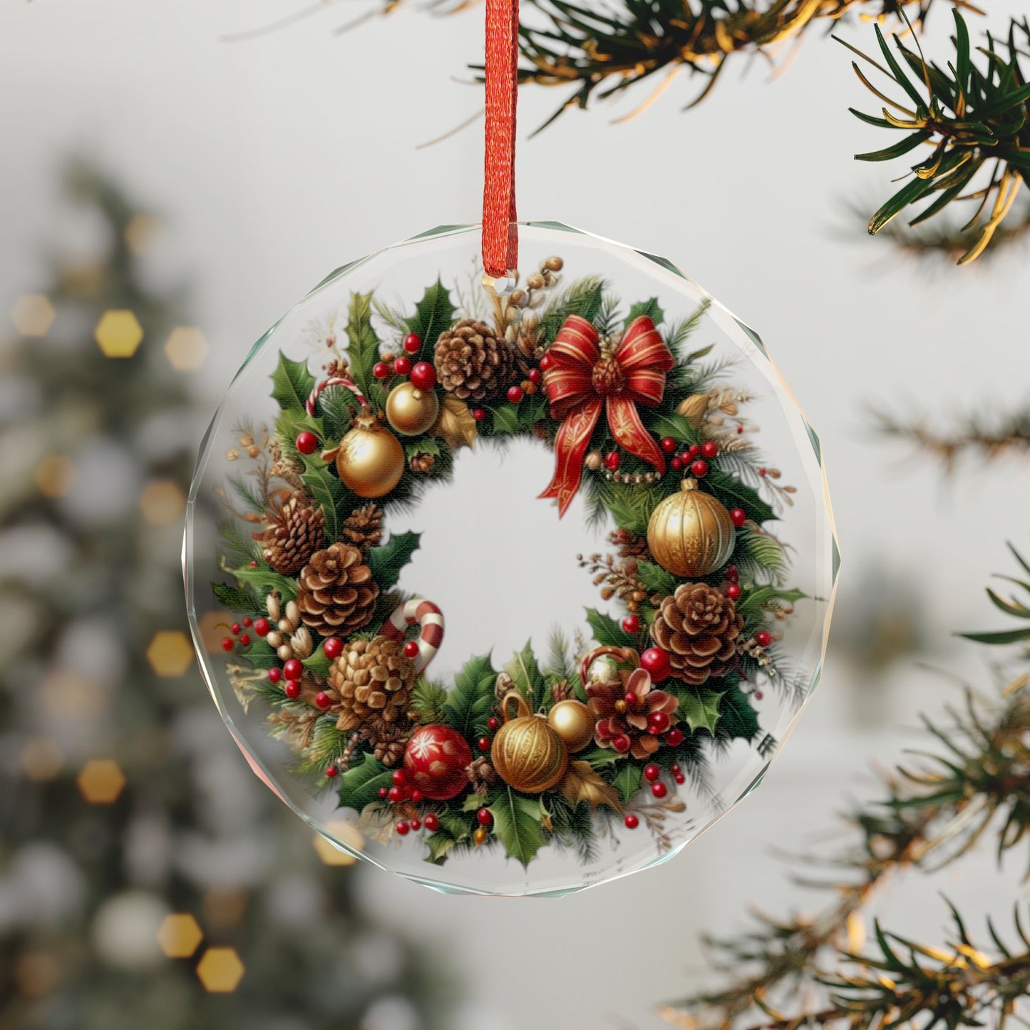 Crystal Glass Ornament — Traditional Pinecone & Bow Christmas Wreath Holiday Ornament
