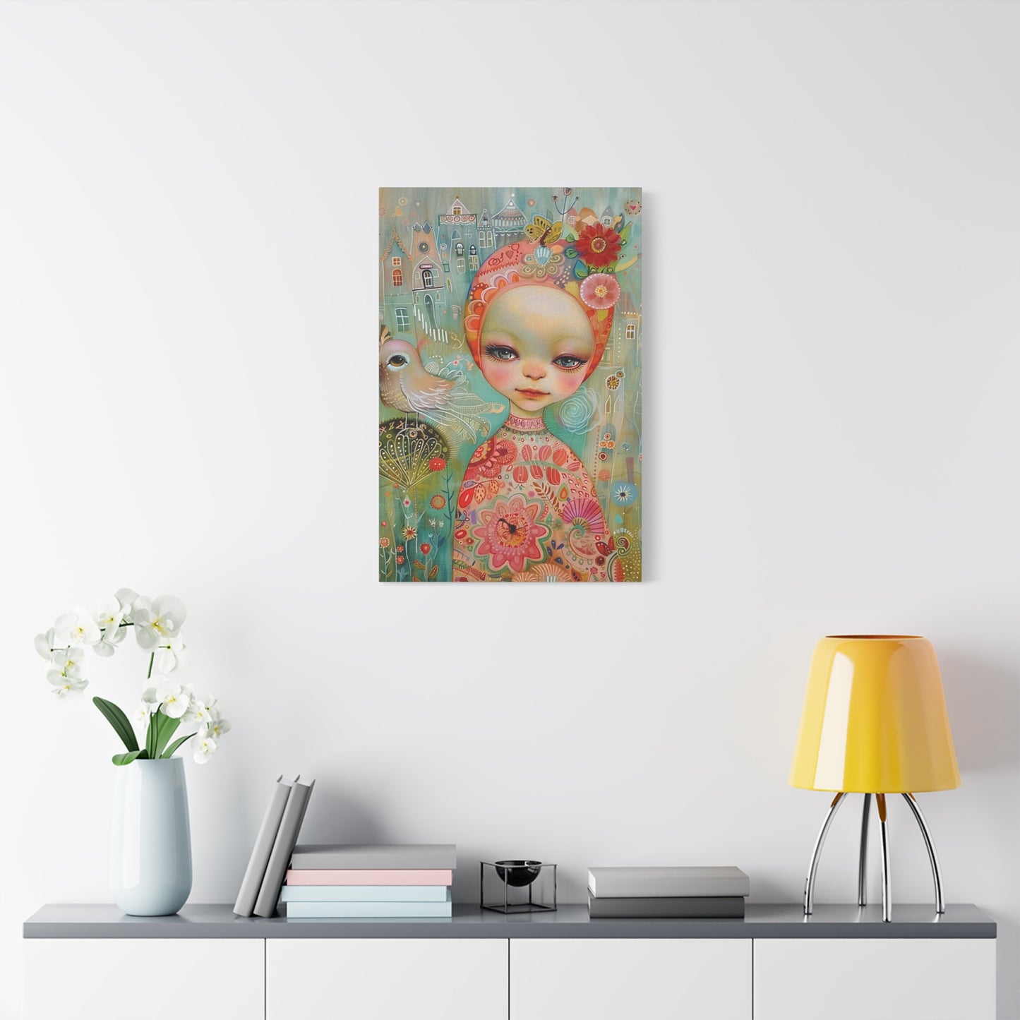 Whimsical Girl & Bird Matte Canvas Wall Art — Stretched Decorative Painting