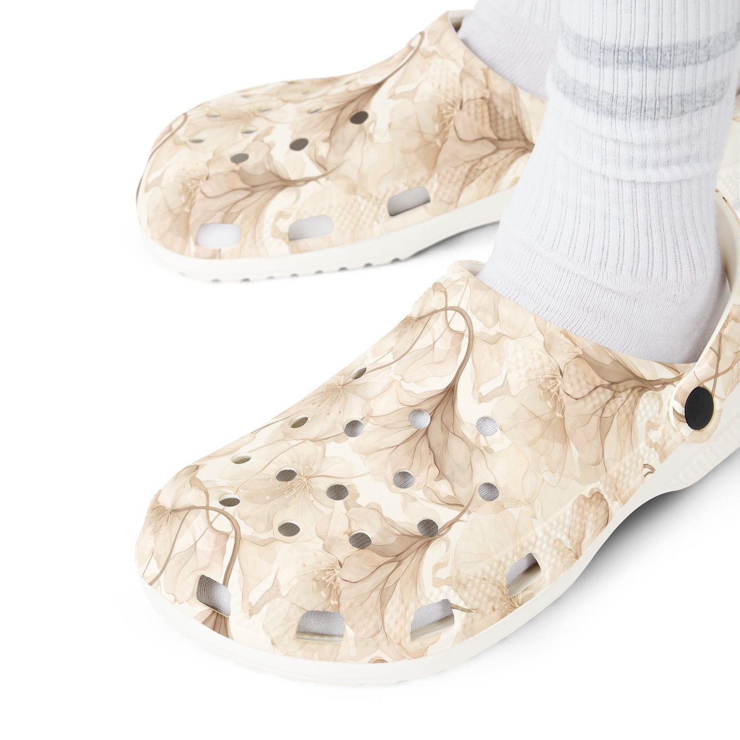 Beige Watercolor Floral Clogs — Lightweight EVA Foam Slip-On Shoes