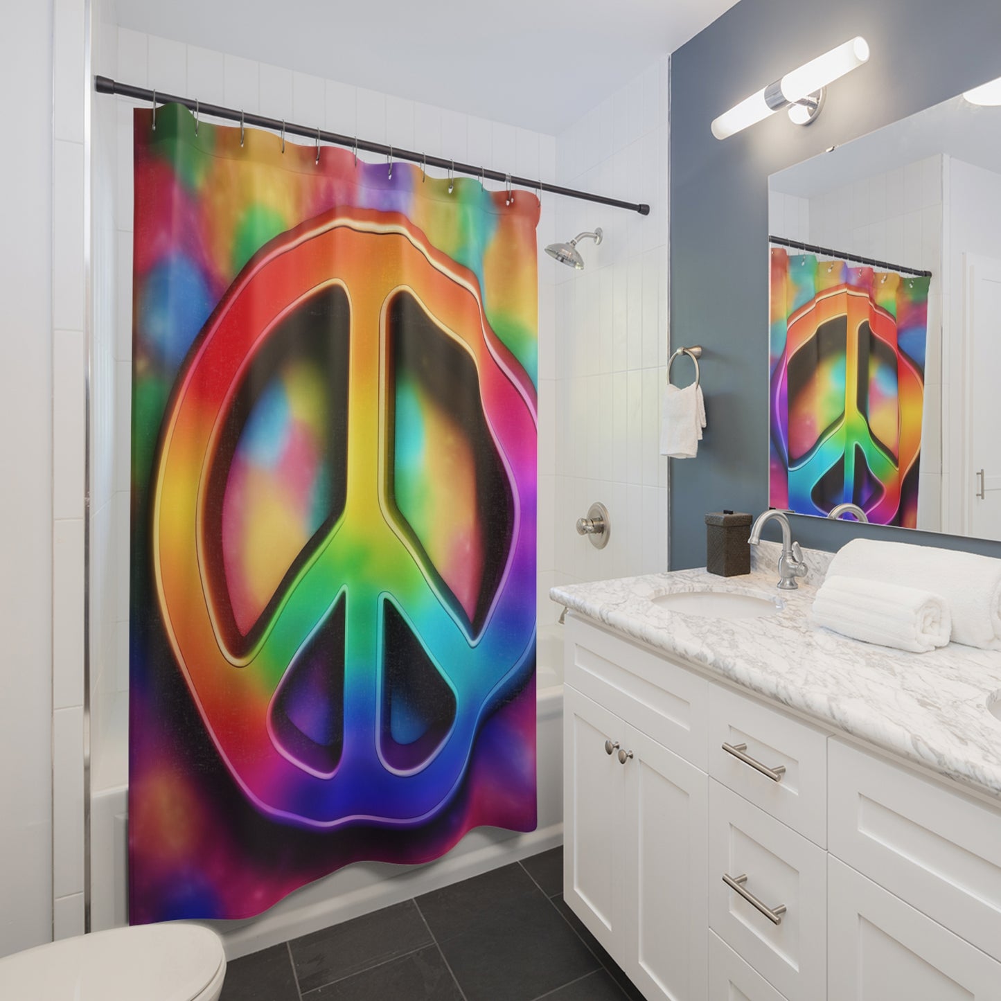Rainbow Peace Sign Shower Curtain — Psychedelic Tie-Dye Bathroom Decor