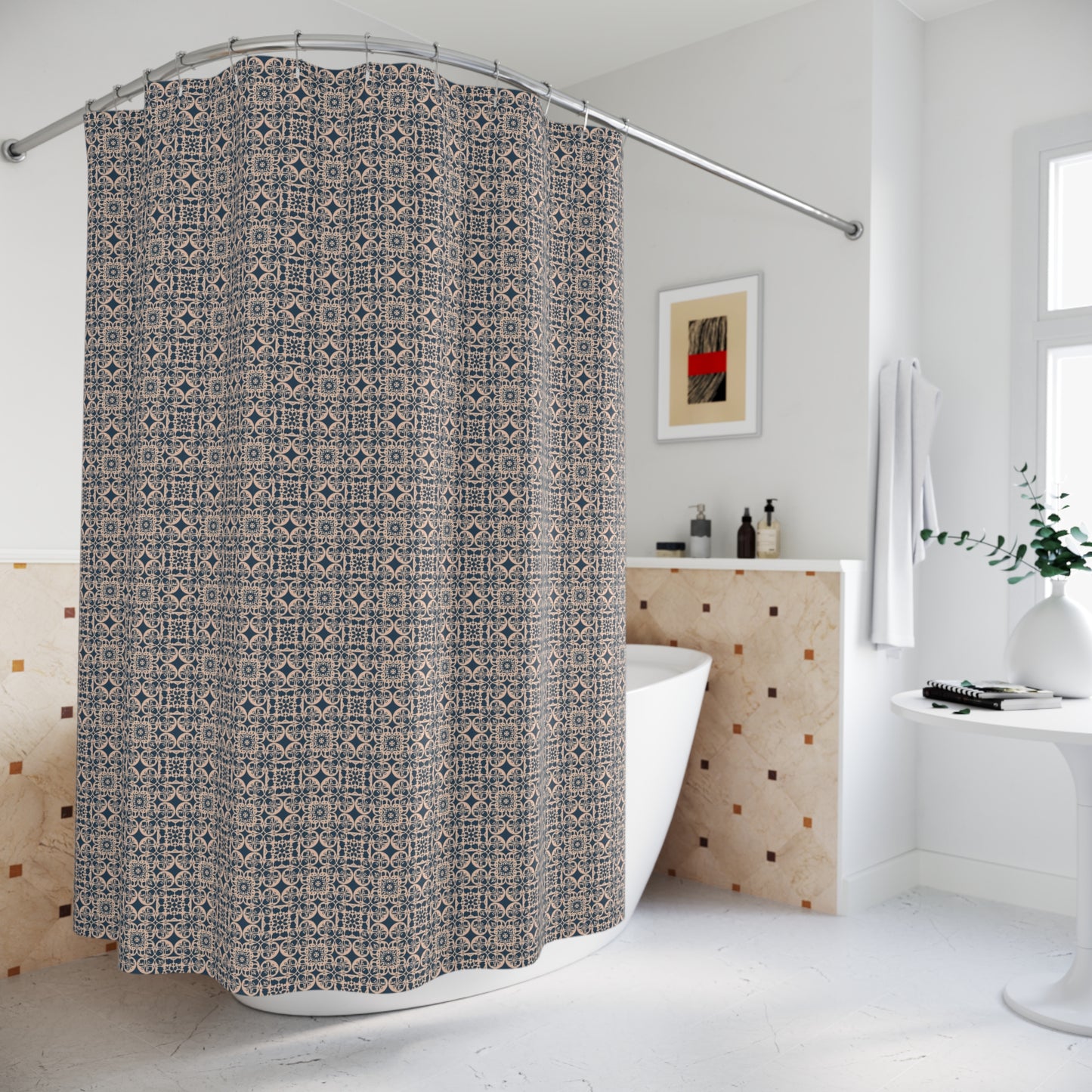 Moroccan Tile Pattern Shower Curtain — Navy Geometric Bathroom Décor
