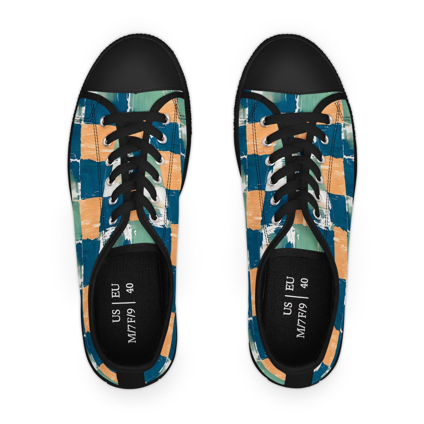 Canvas Sneakers — Hand-Painted Checkerboard in Teal, Orange & Mint