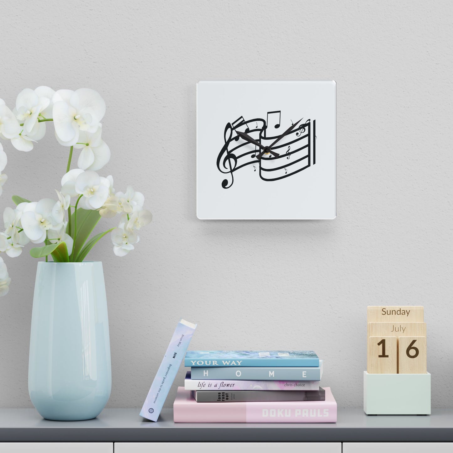 Musical Notes Acrylic Wall Clock — Black Treble Clef Design