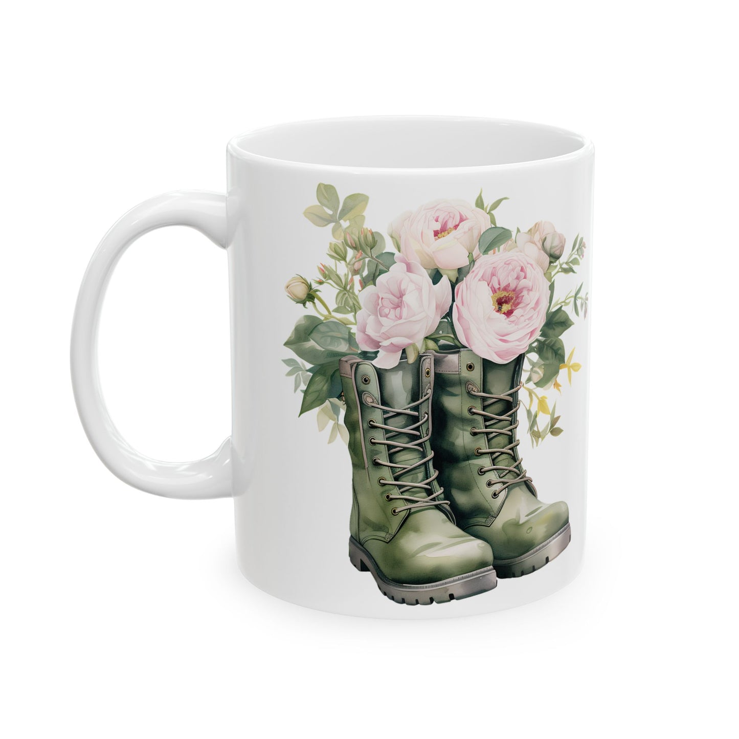 Floral Combat Boot Mug — Military Green Boot with Pink Roses Ceramic Coffee Cup (11oz & 15oz)