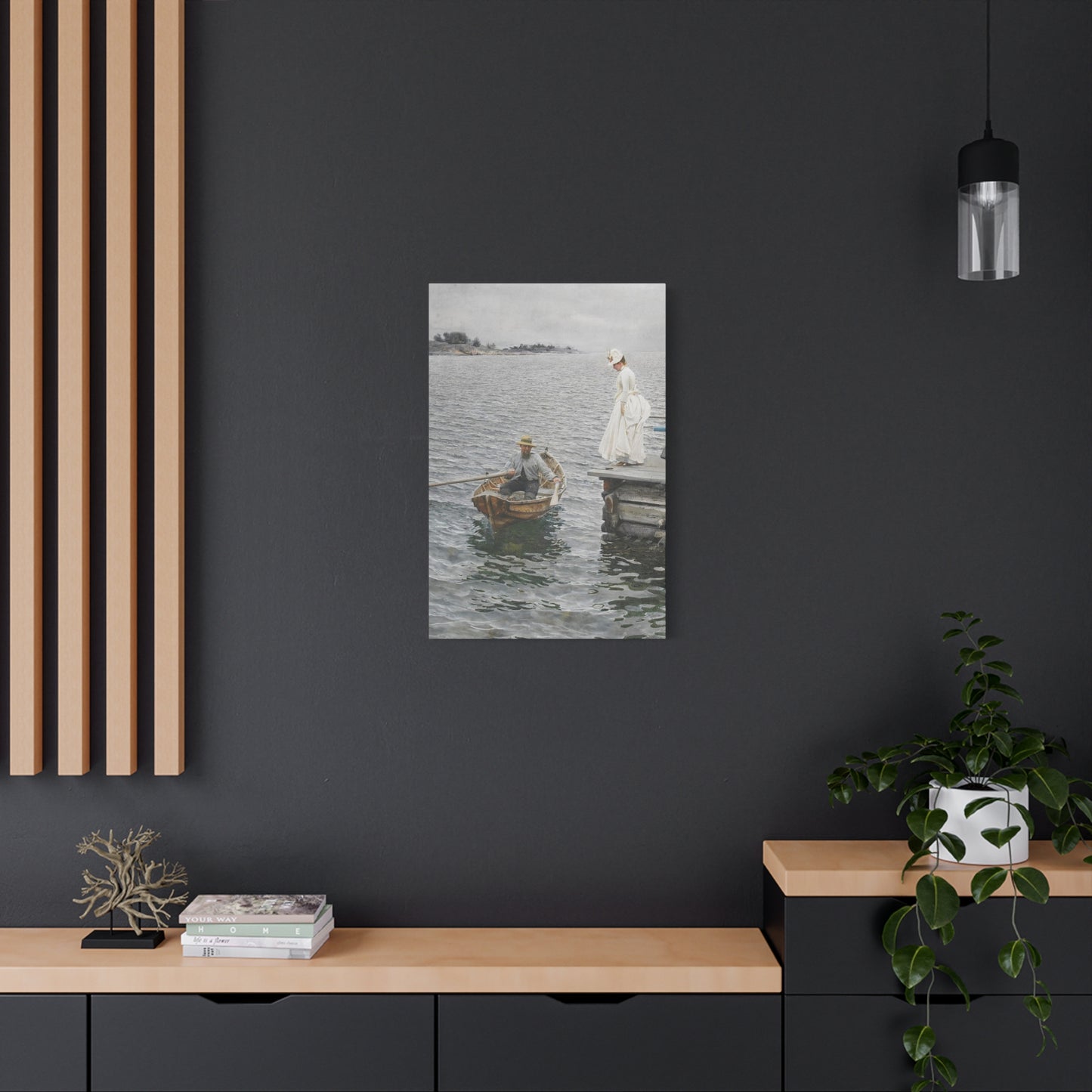 Seaside Stroll Canvas Print — Vintage Woman & Rowboat Matte Stretched Art 1.25"