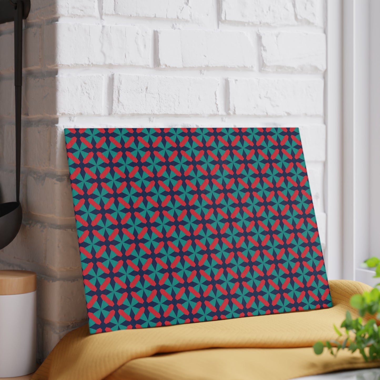 Geometric Star Tile Glass Cutting Board — Red & Teal Kitchen Decor