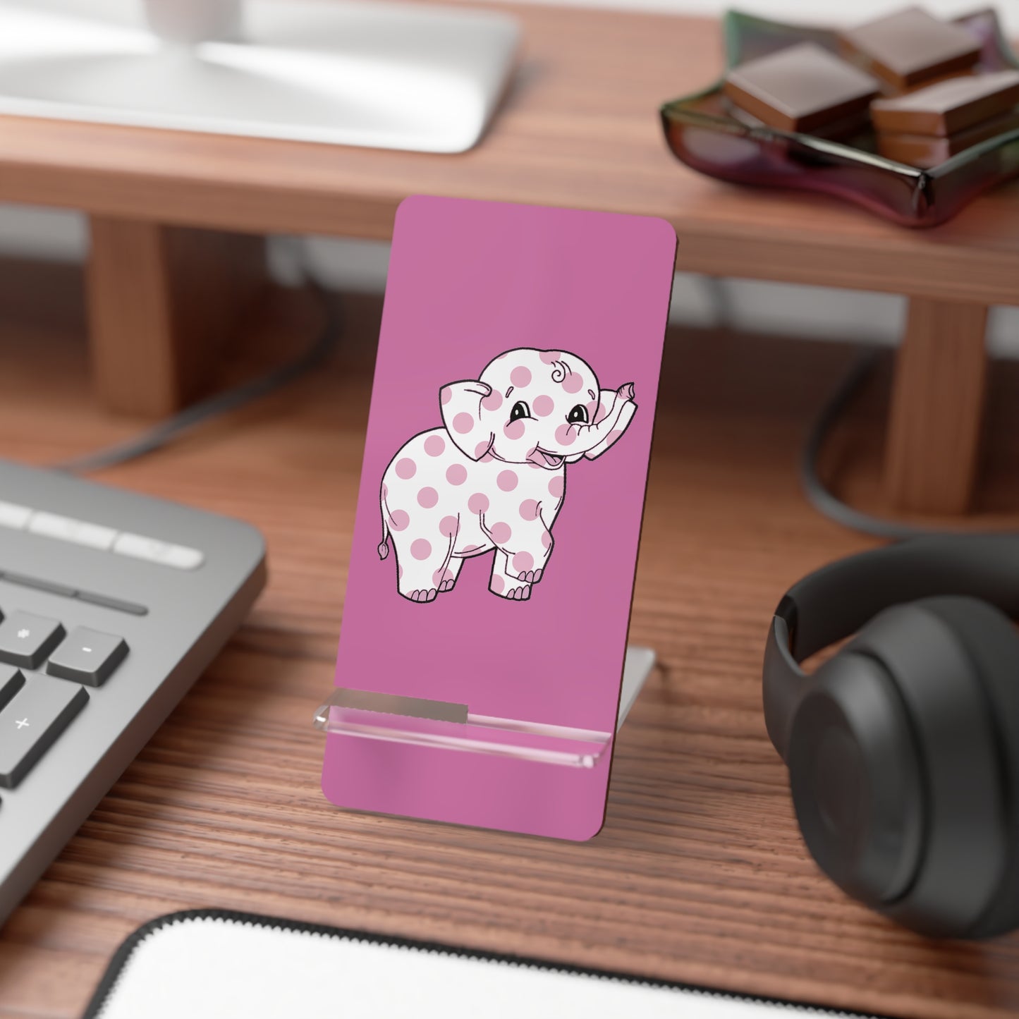 Pink Polka-Dot Baby Elephant Phone Stand — Cute Mobile Display Holder for Kids & Gifts