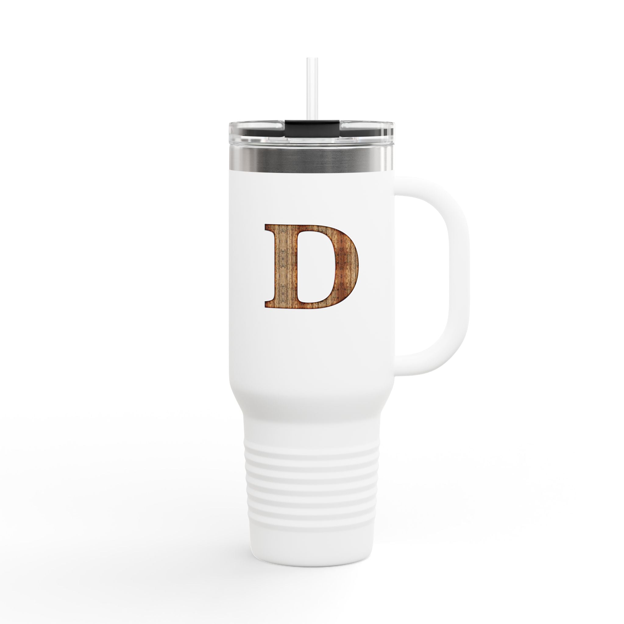 40oz Insulated Travel Mug with Rustic Wood Monogram — Personalized Letter ‘D’