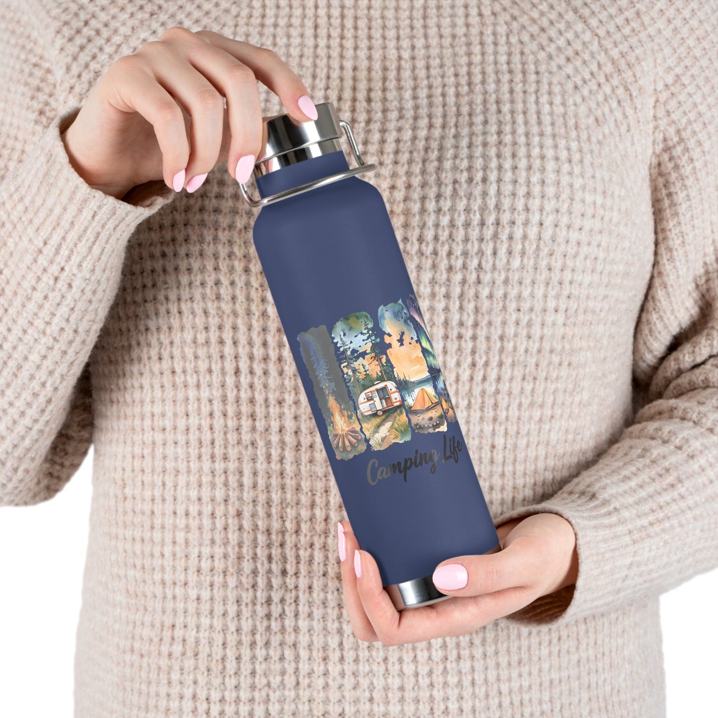 Insulated Camping Water Bottle 22oz — 'Camping Life' Outdoor Vacuum Flask