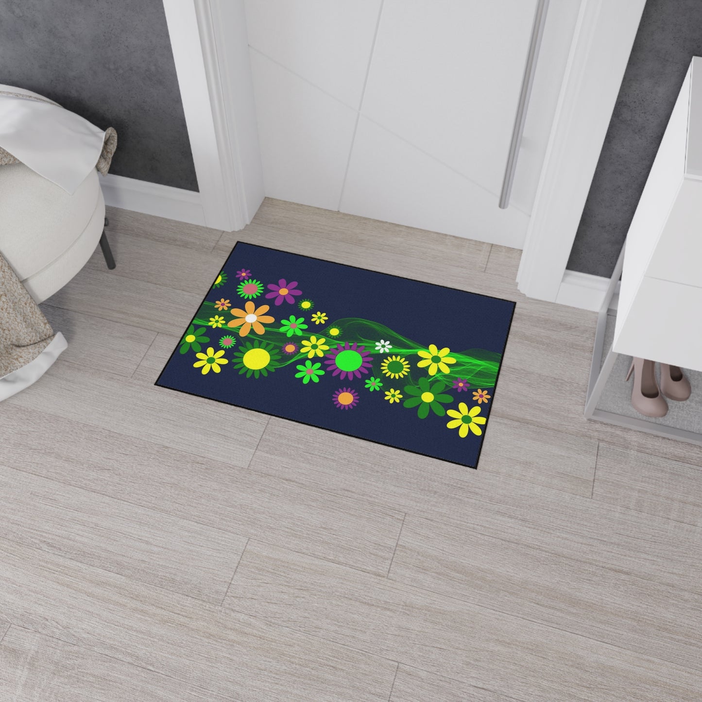Floral Neon Wave Floor Mat — Heavy-Duty Non-Slip Entry Rug