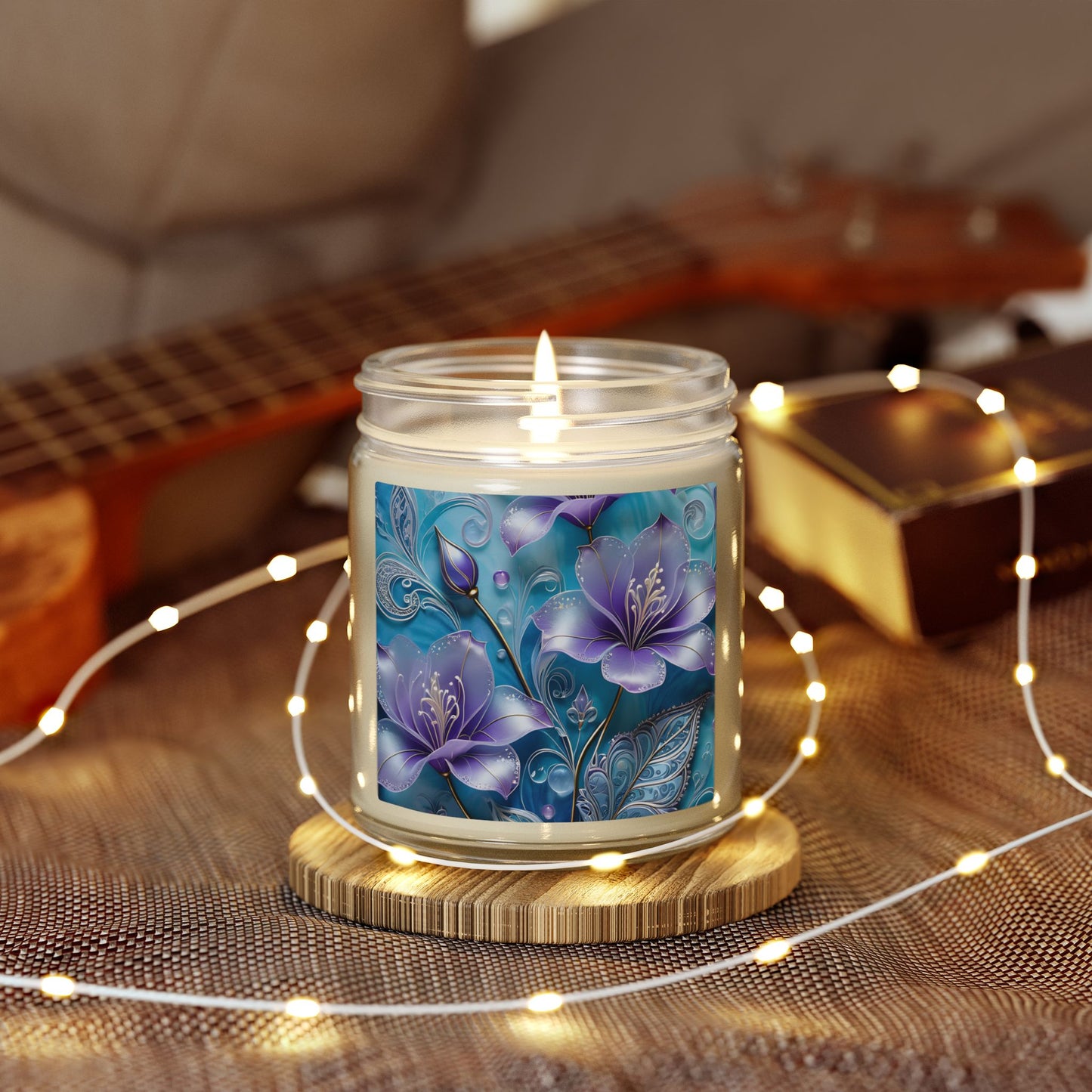 Scented Candle — Coconut Apricot Wax (4oz & 9oz) with Blue Floral Art