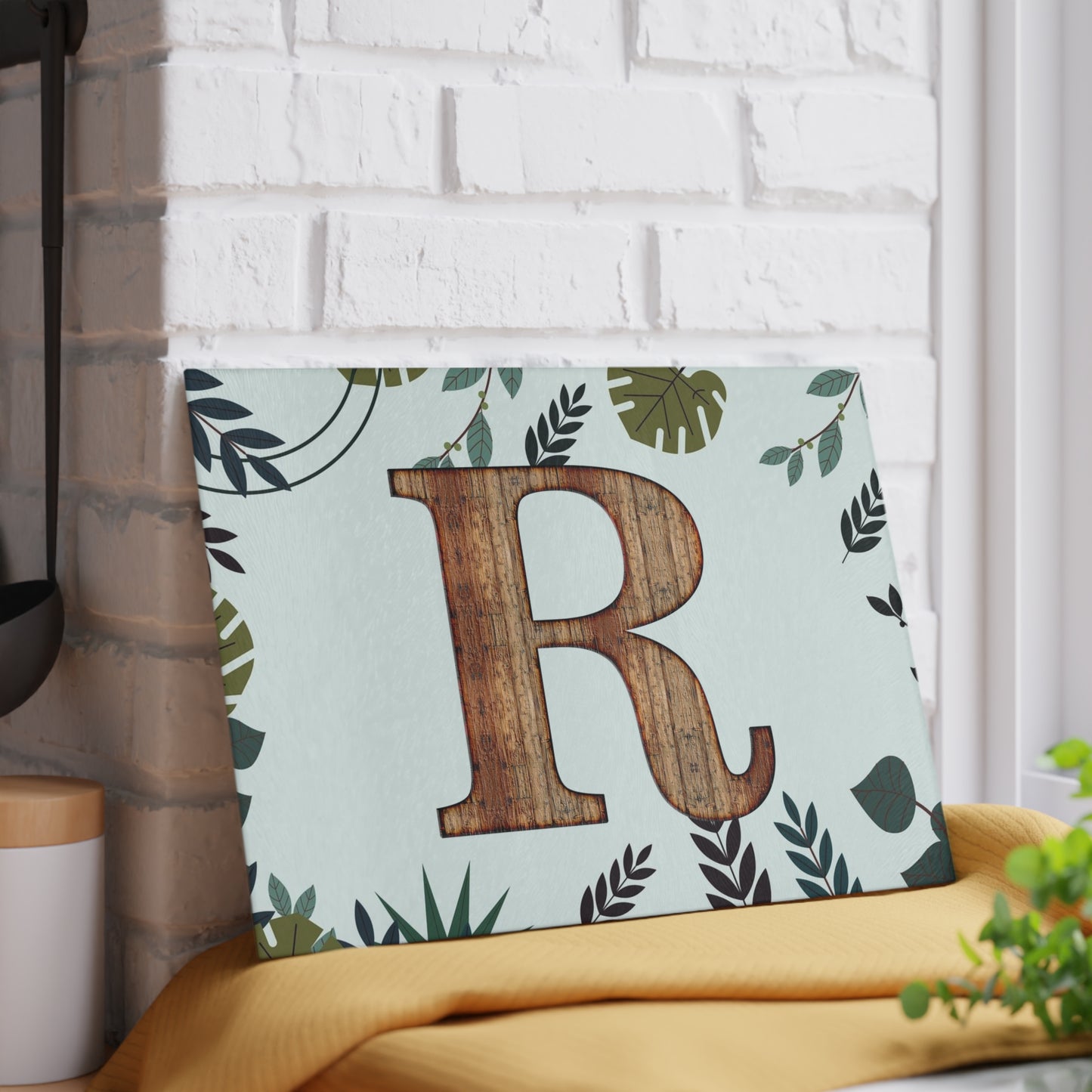 Monogram 'R' Glass Cutting Board — Rustic Wood Letter on Botanical Background