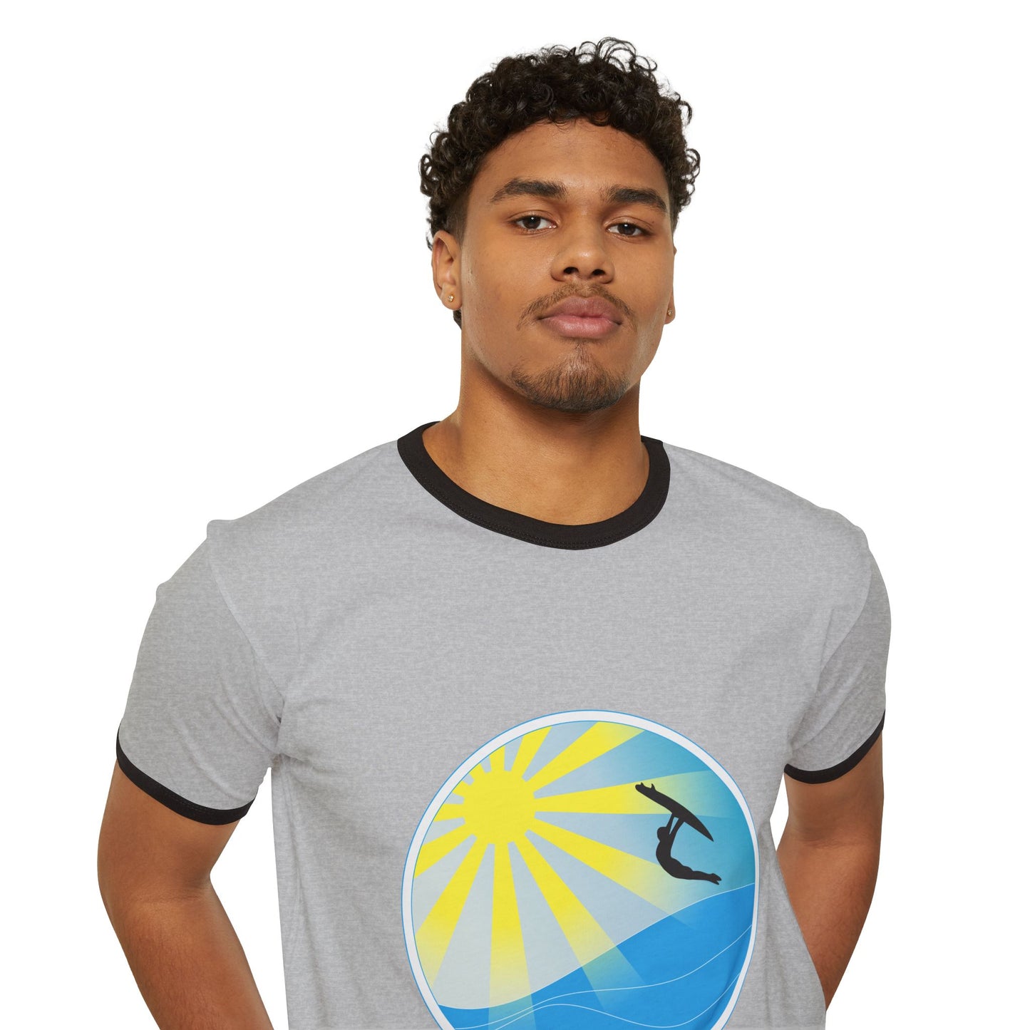 Surf Circle Ringer T-Shirt – Sunny Wave & Surfer Graphic