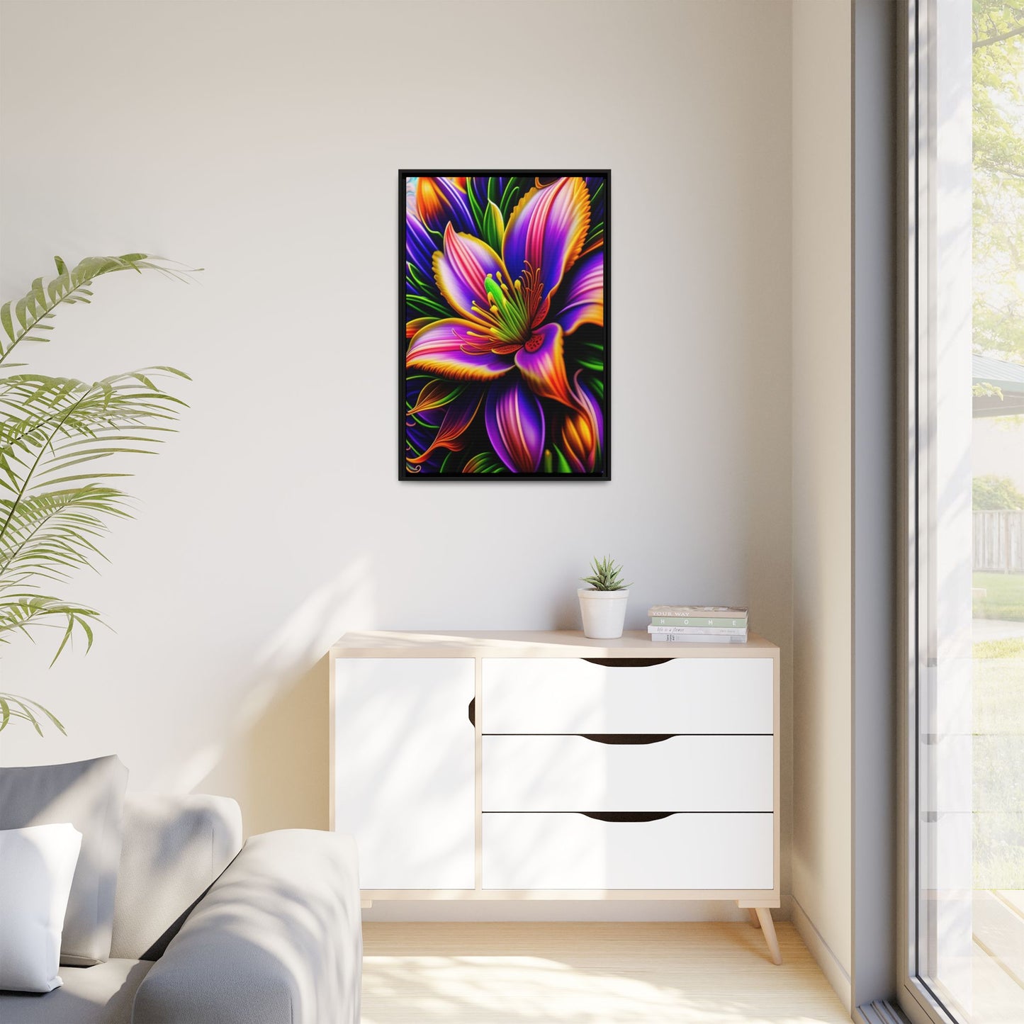 Vibrant Neon Floral Matte Canvas Print — Framed Wall Art