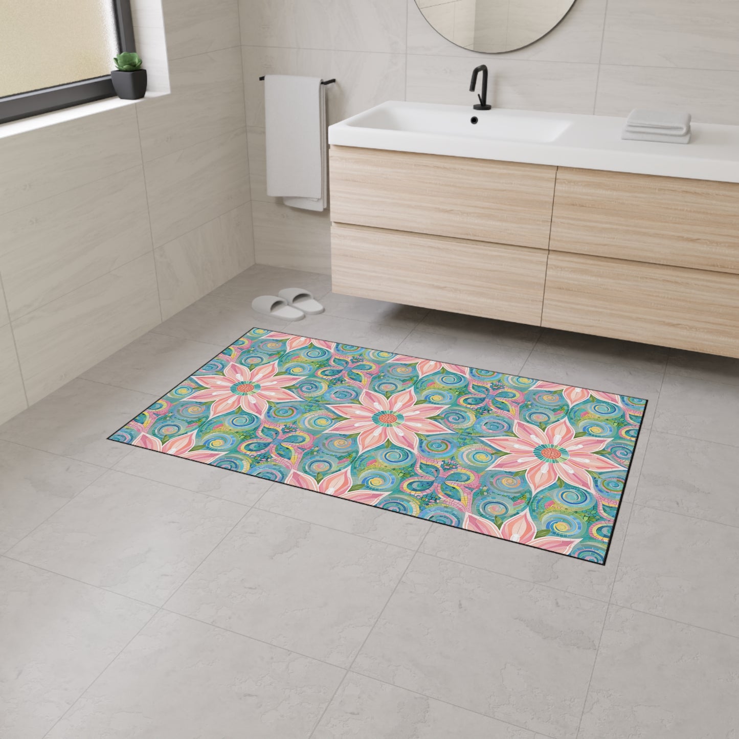 Floral Kaleidoscope Heavy-Duty Floor Mat — Pink Petal Outdoor/Entry Rug