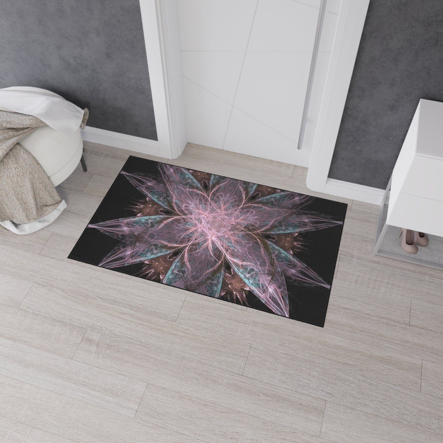 Abstract Floral Mandala Heavy-Duty Floor Mat — Pink Teal Fractal Design