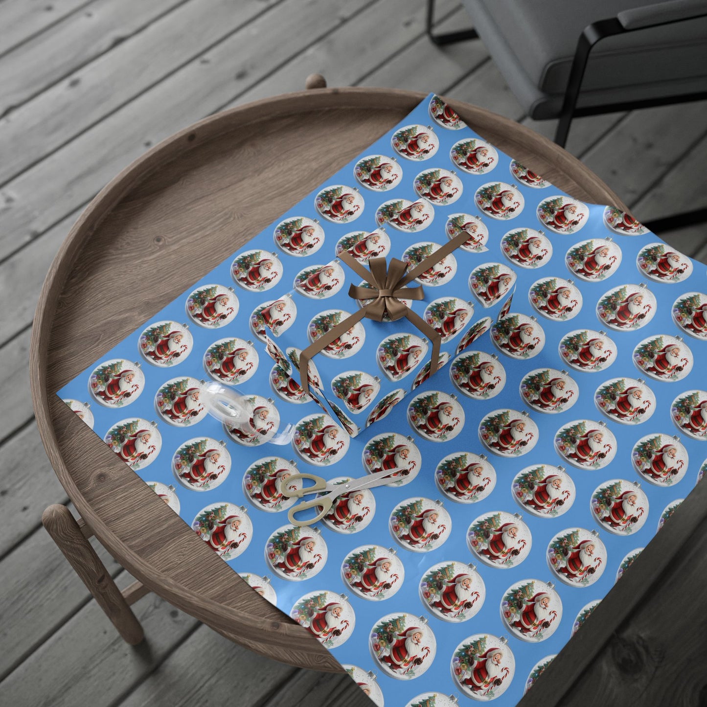 Santa Ornament Pattern Wrapping Paper – Blue Christmas Gift Wrap Roll
