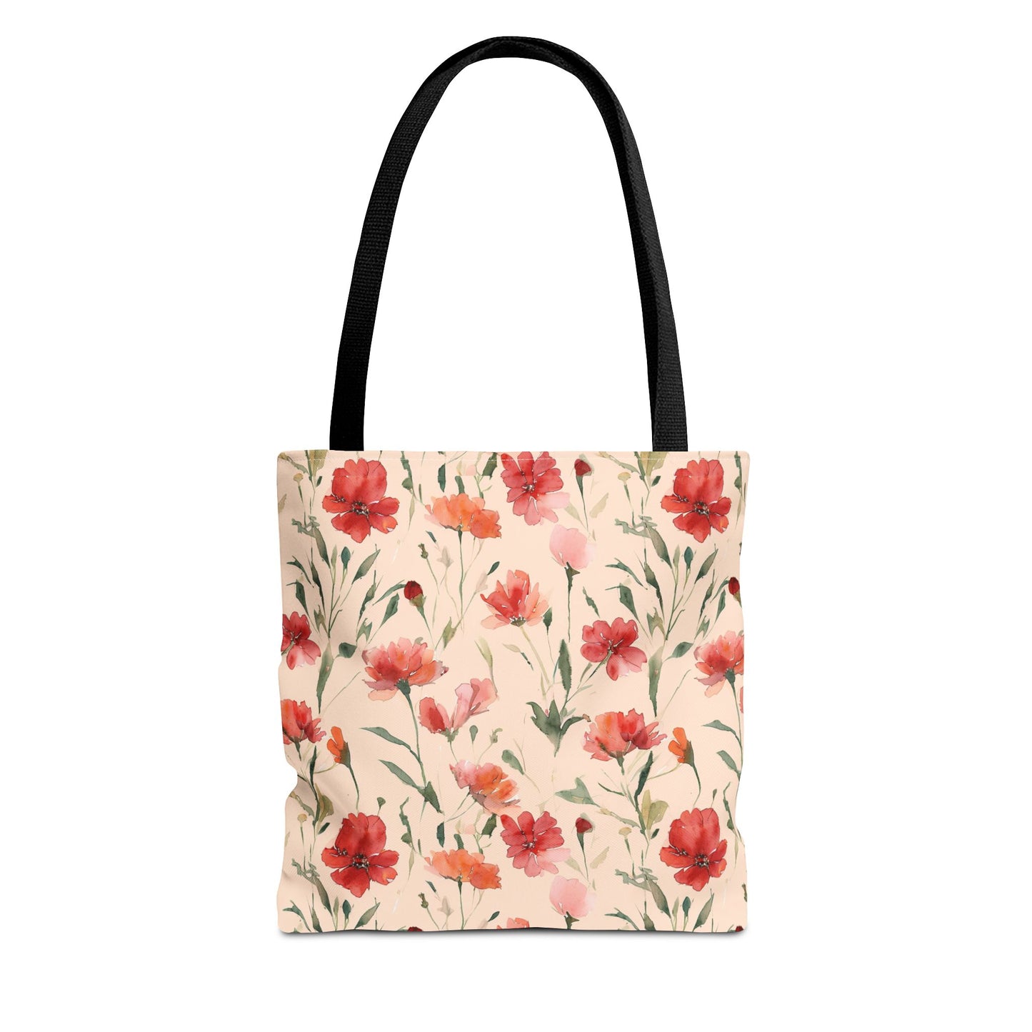 Floral Watercolor Tote Bag — Pink Red Poppy Pattern All-Over Print