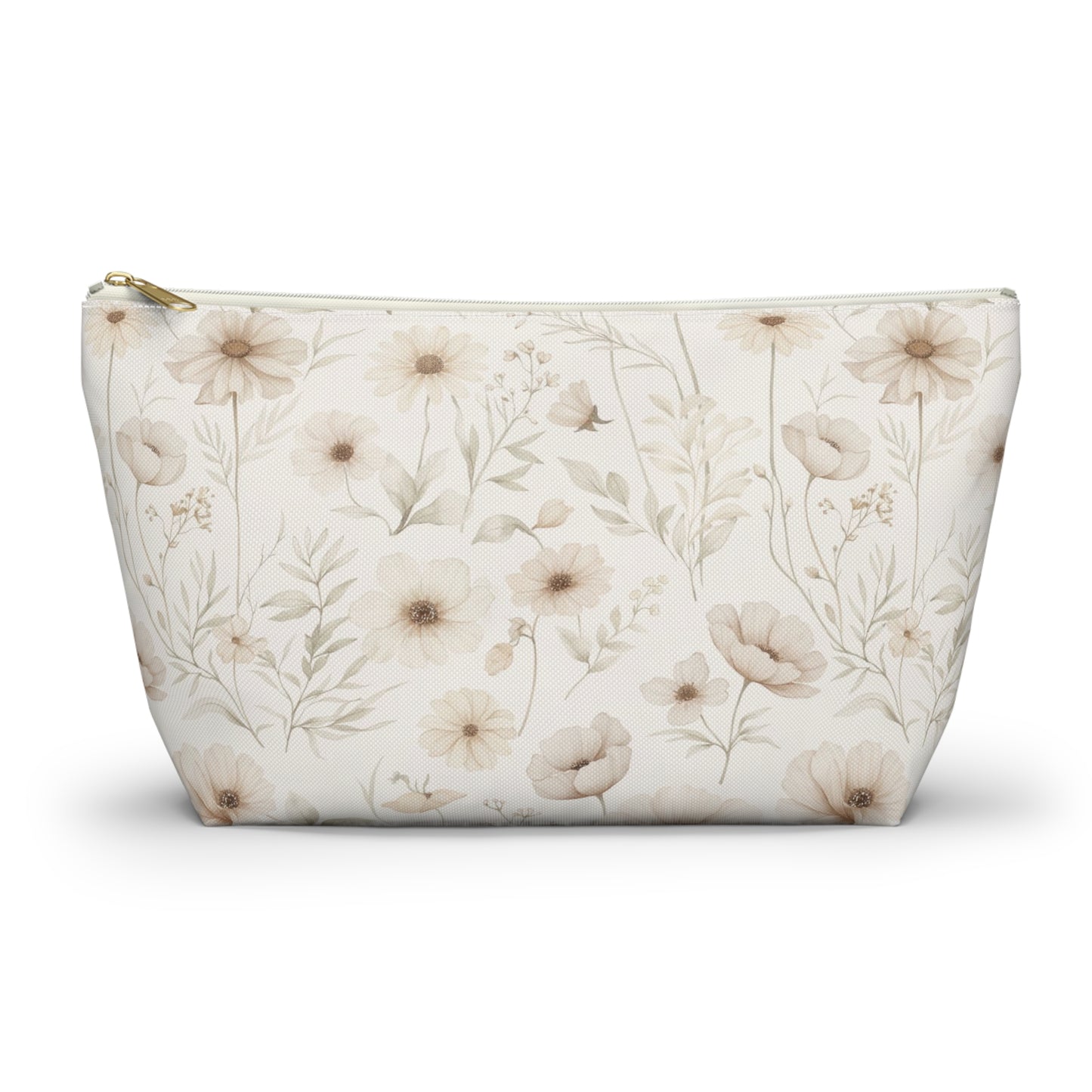 Floral Toile Accessory Pouch — Neutral Vintage Flower Cosmetic Bag