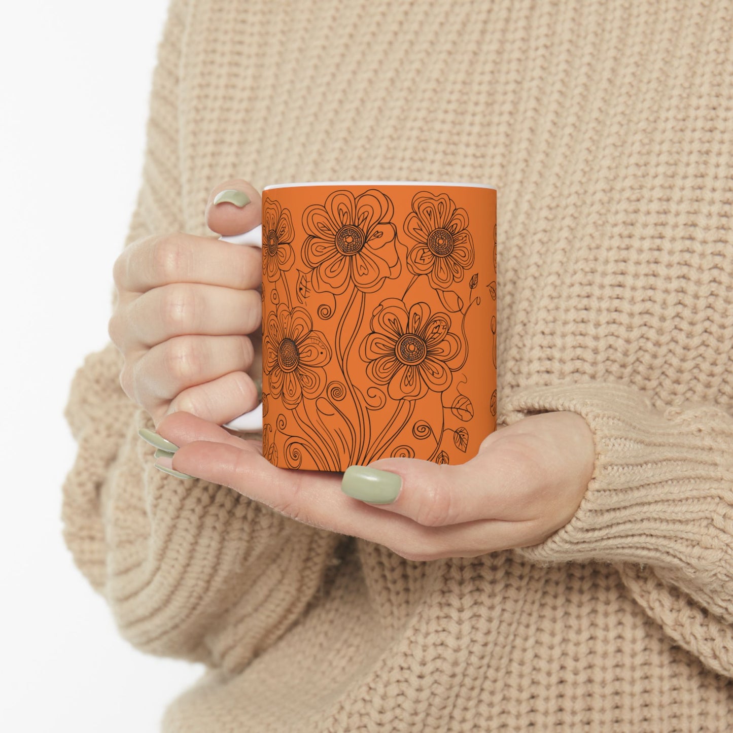 Orange Floral Ceramic Mug — Hand-Drawn Flower Pattern Coffee Tea Cup (11oz, 15oz)