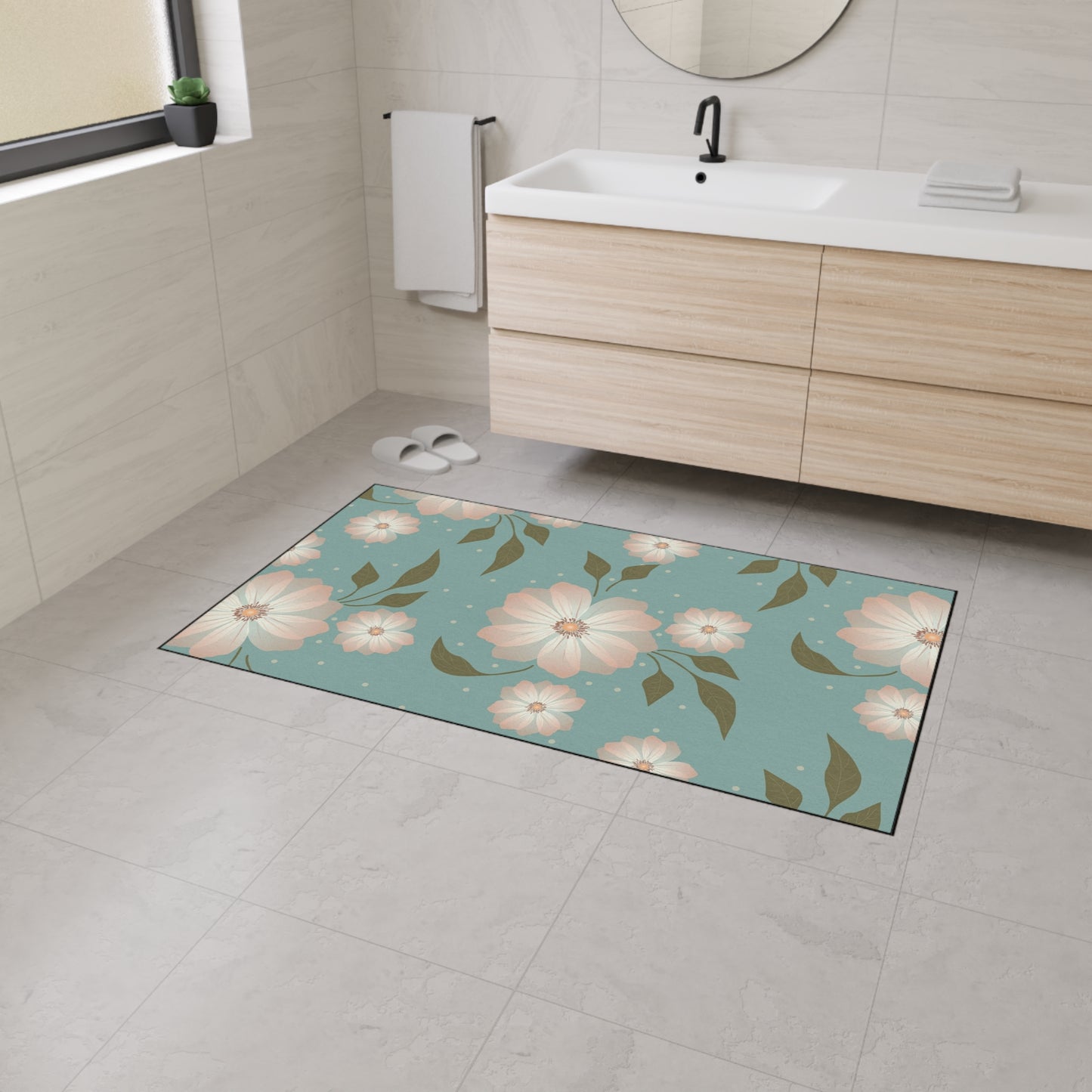 Floral Heavy-Duty Floor Mat — Teal Pastel Blossom Rug for Entryway & Kitchen