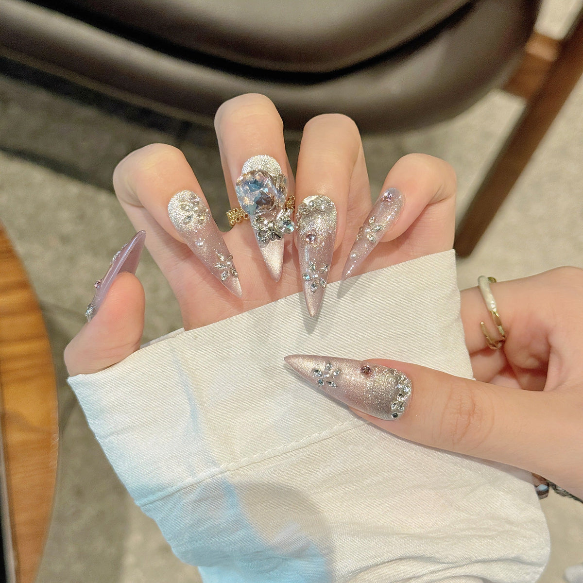 365nails: "Celestial Dream" – Iridescent Cat Eye & Oversized Crystal Handmade Stiletto Nails – Image 3
