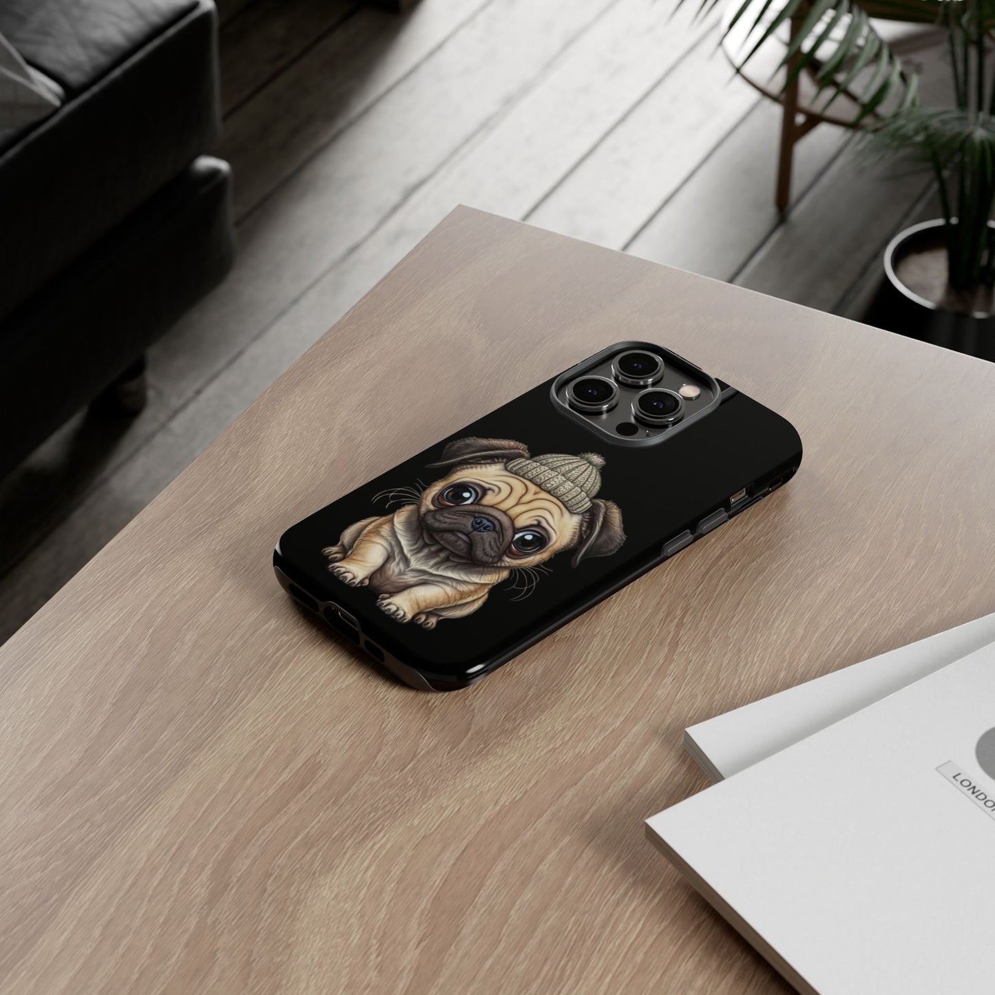 Pug Phone Case – Cute Pug Puppy Illustration on Black Tough Case