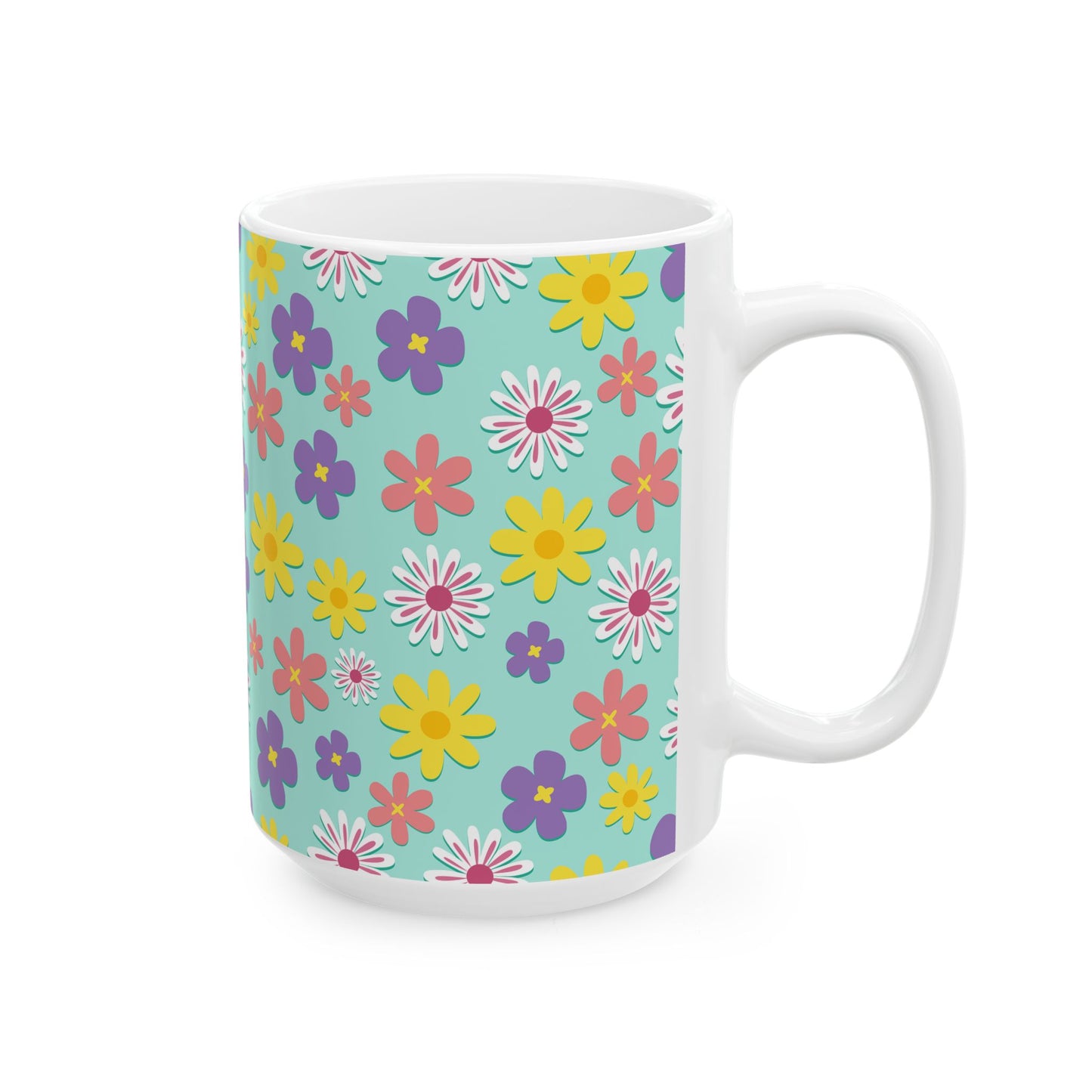 Turquoise Floral Pattern Mug — Colorful Daisy Coffee Cup (11oz & 15oz)