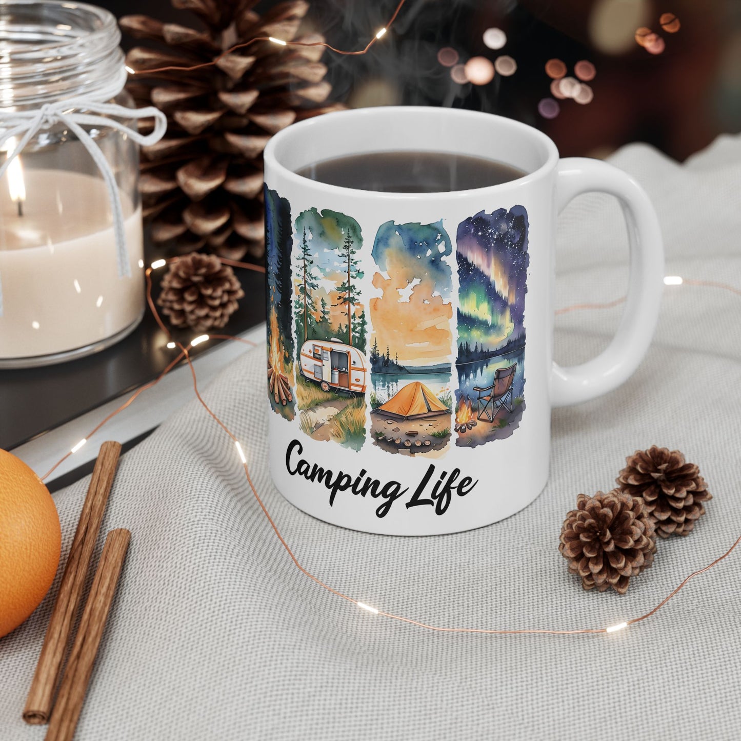 Camping Life Ceramic Mug — Scenic Campfire & Northern Lights Coffee Cup (11oz/15oz)