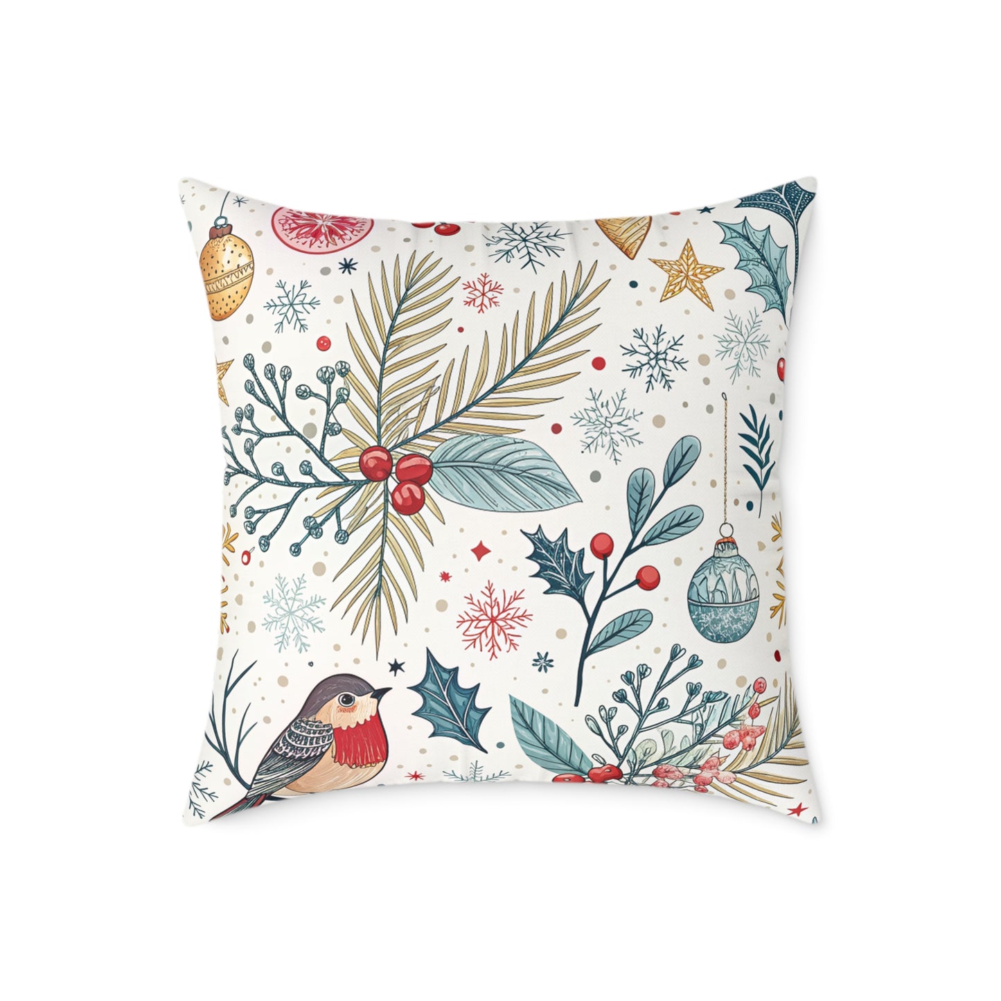 Festive Robin Holiday Pillow — Christmas Botanical Decorative Throw Pillow