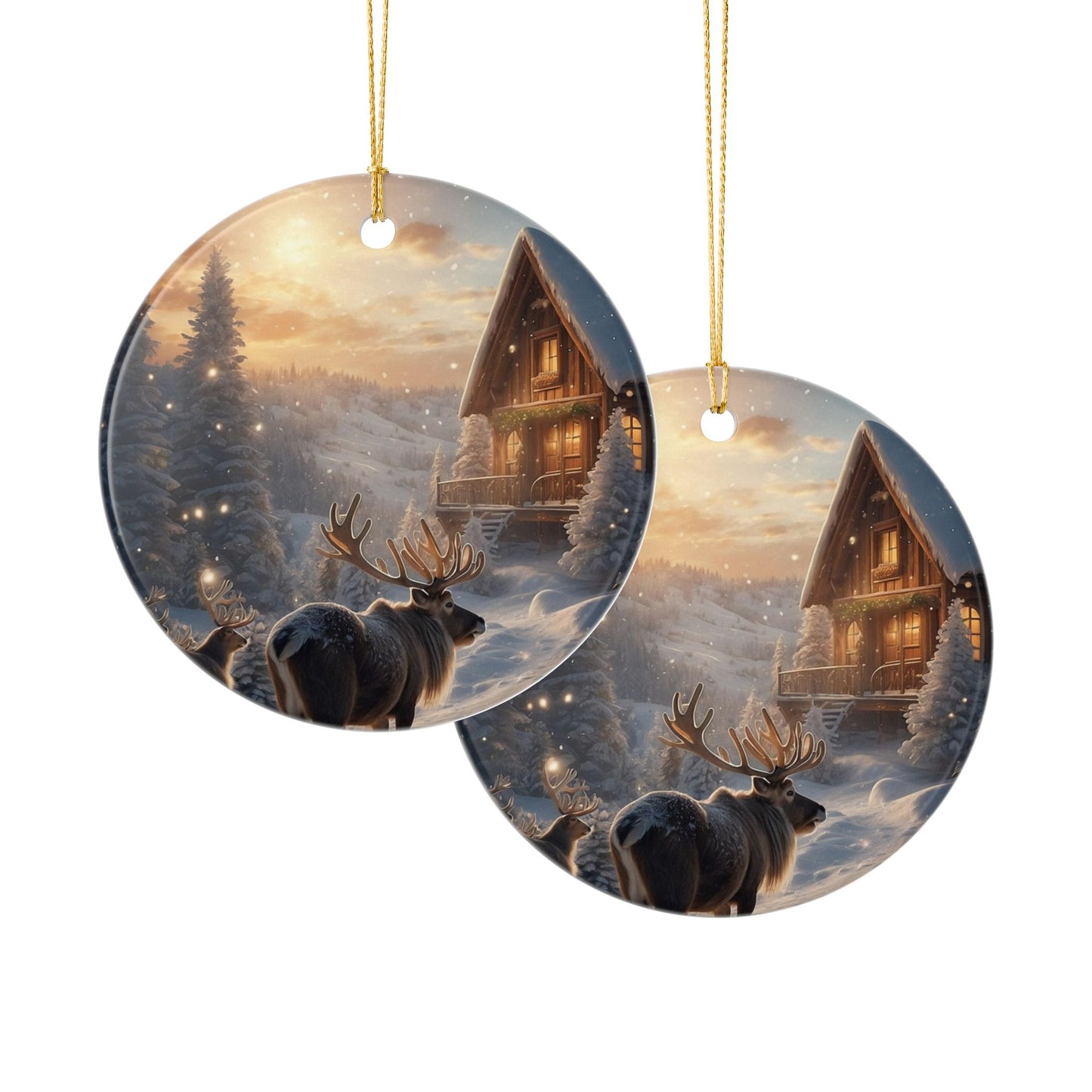 Rustic Winter Cabin Ceramic Ornament — Reindeer Scene Holiday Tree Decoration