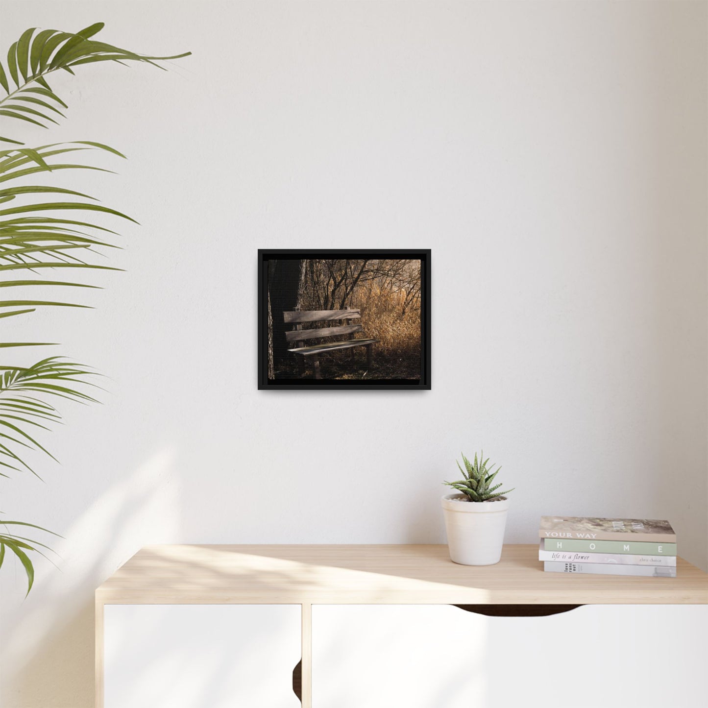 Framed Matte Canvas Print — Autumn Park Bench Photography