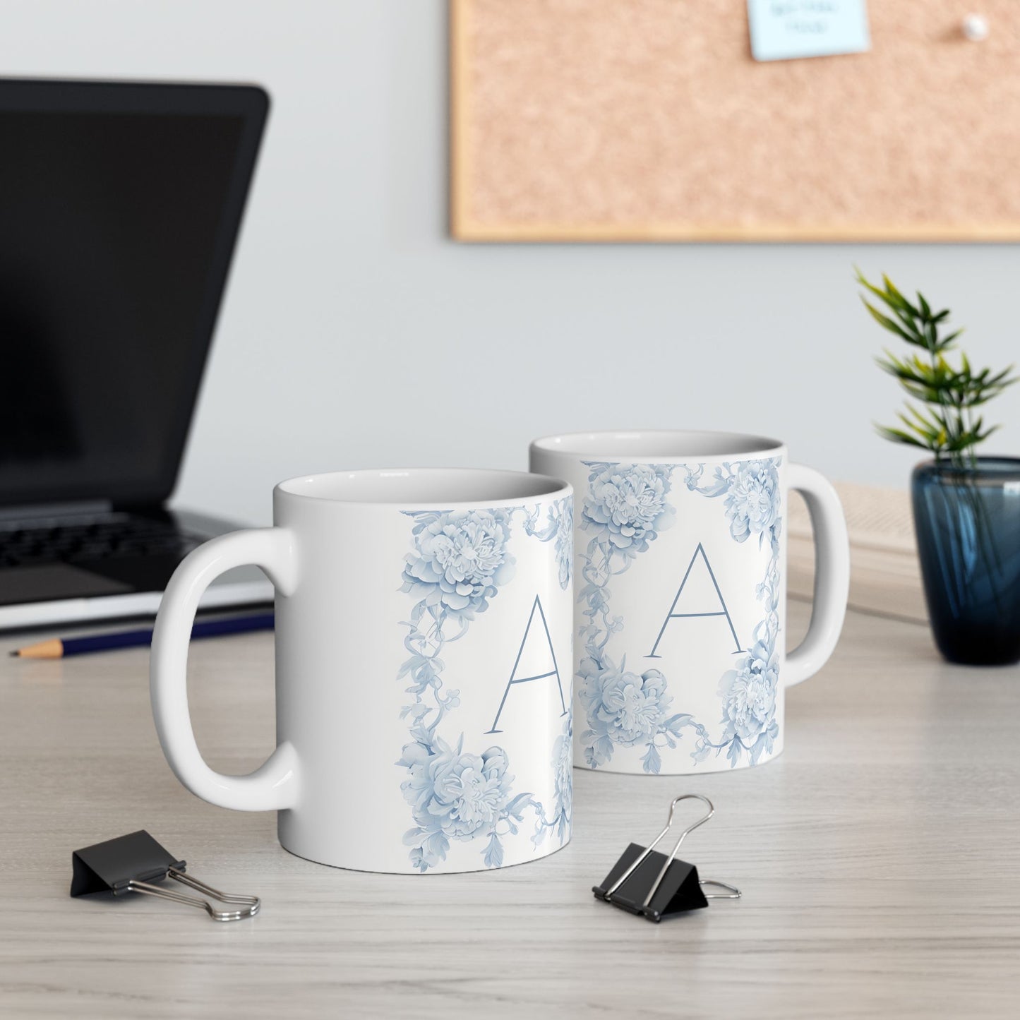 Blue Floral Monogram Ceramic Mug (11oz/15oz)