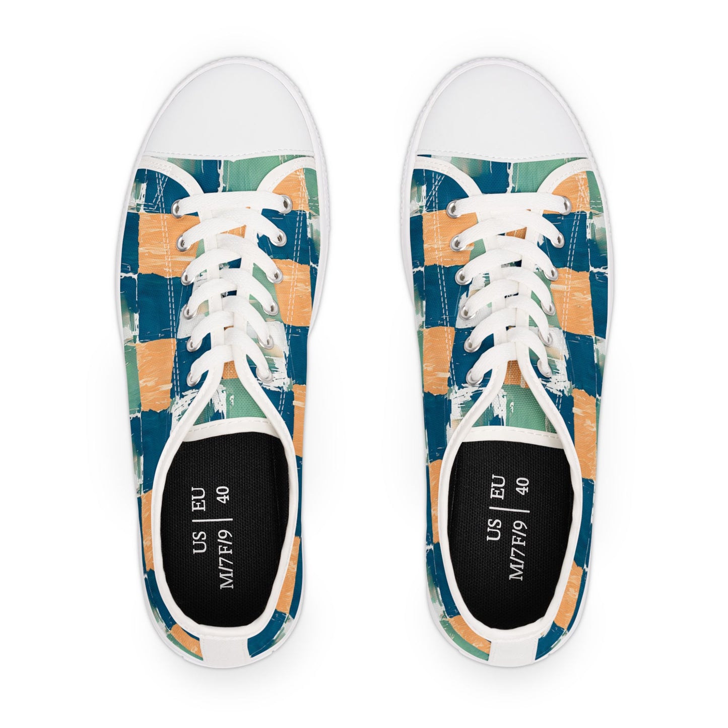 Canvas Sneakers — Hand-Painted Checkerboard in Teal, Orange & Mint