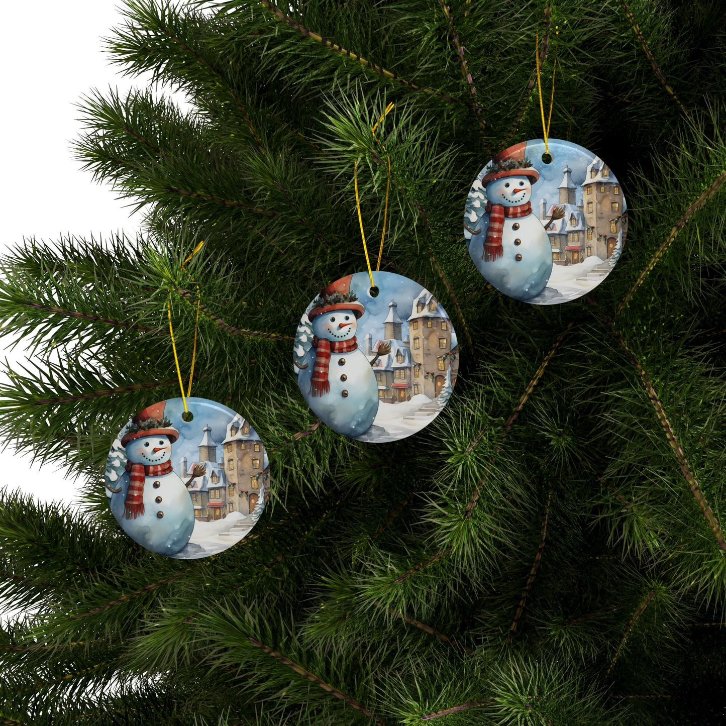 Snowman Village Ceramic Ornament — Double-Sided Christmas Tree Decoration