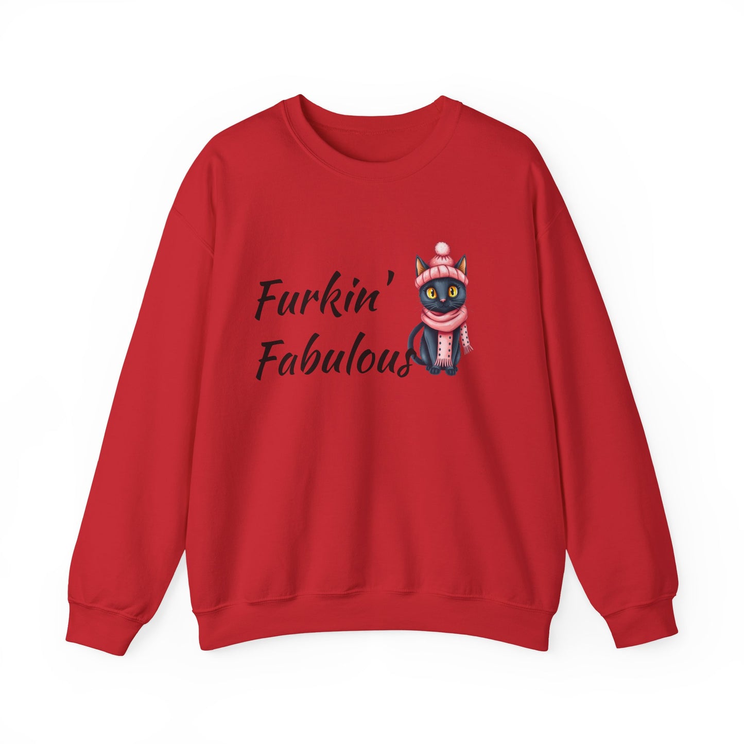 Crewneck Sweatshirt — "Furkin' Fabulous" Cute Black Cat in Pink Hat & Scarf