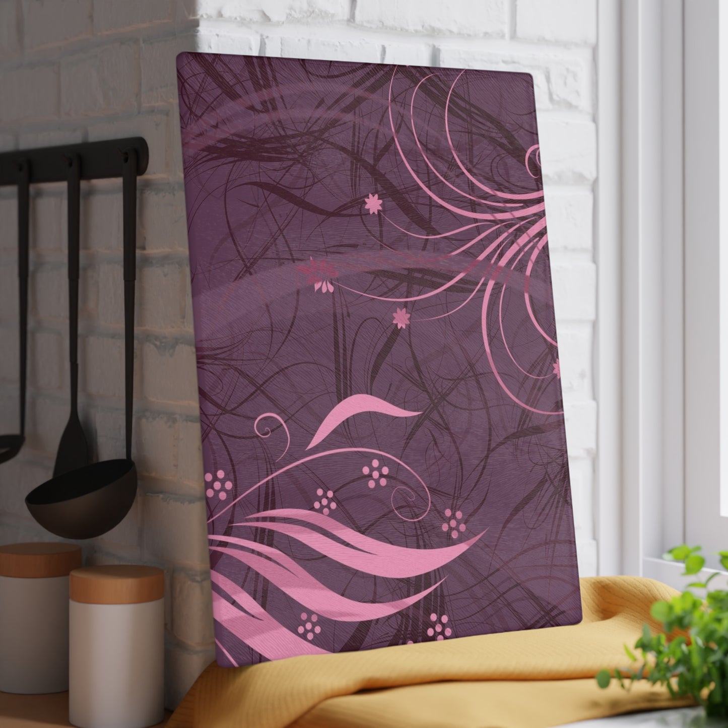 Glass Cutting Board — Pink Floral Swirl Design