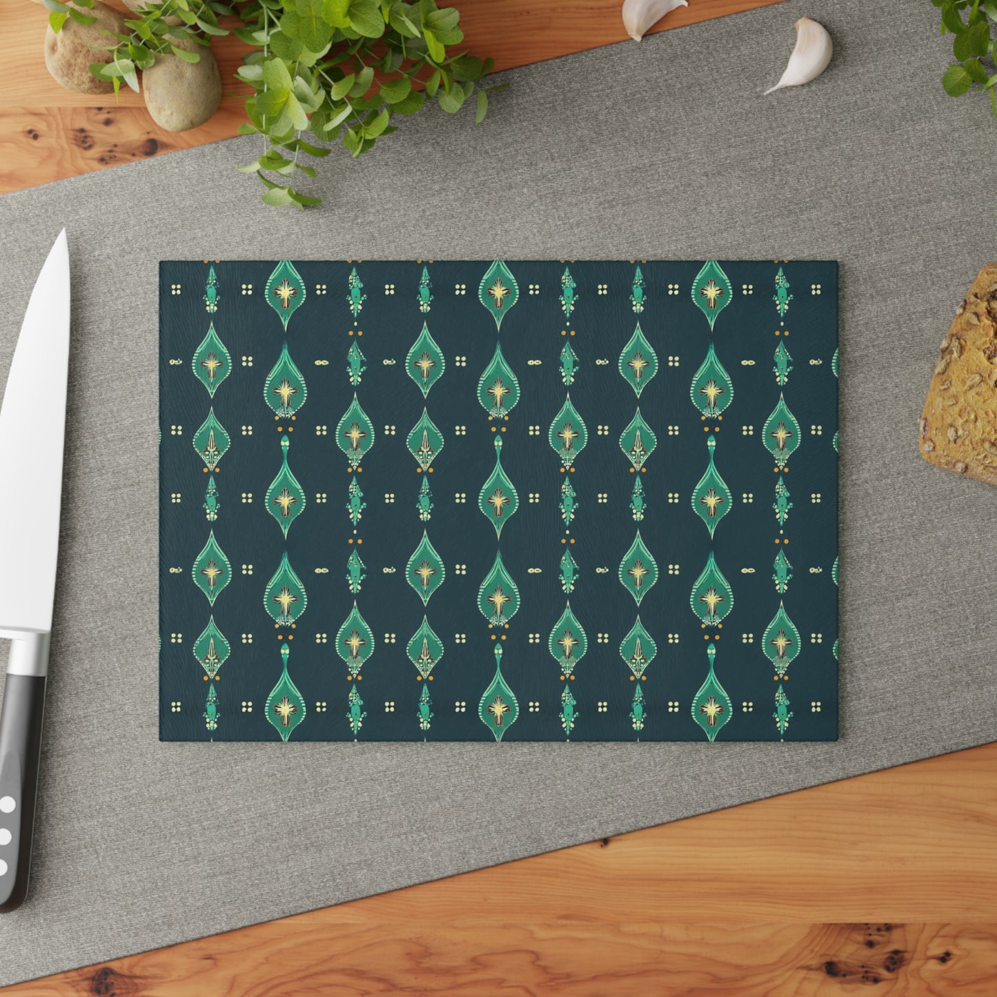Teal Retro Geometric Glass Cutting Board