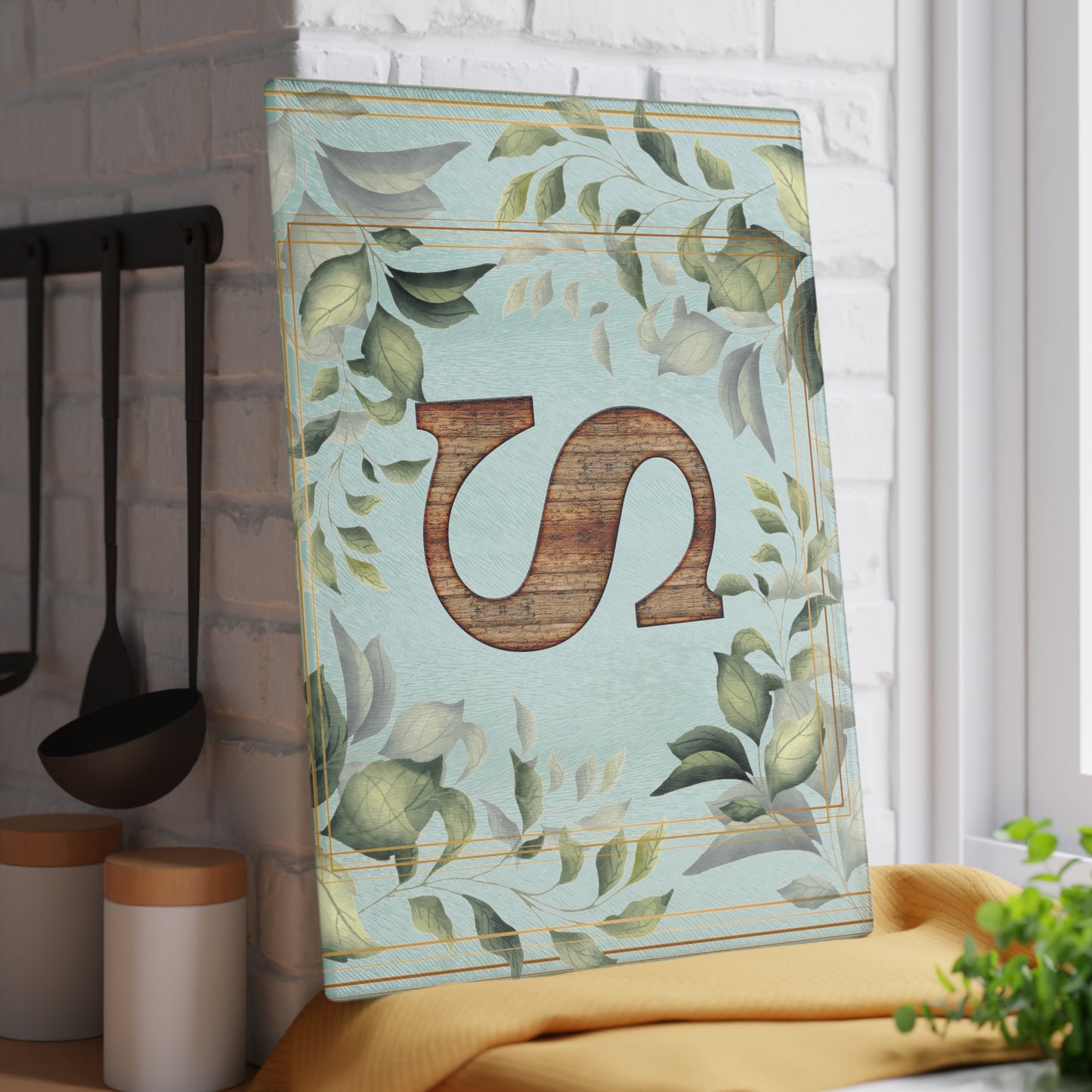 Monogram S Glass Cutting Board — Rustic Wood Initial with Greenery