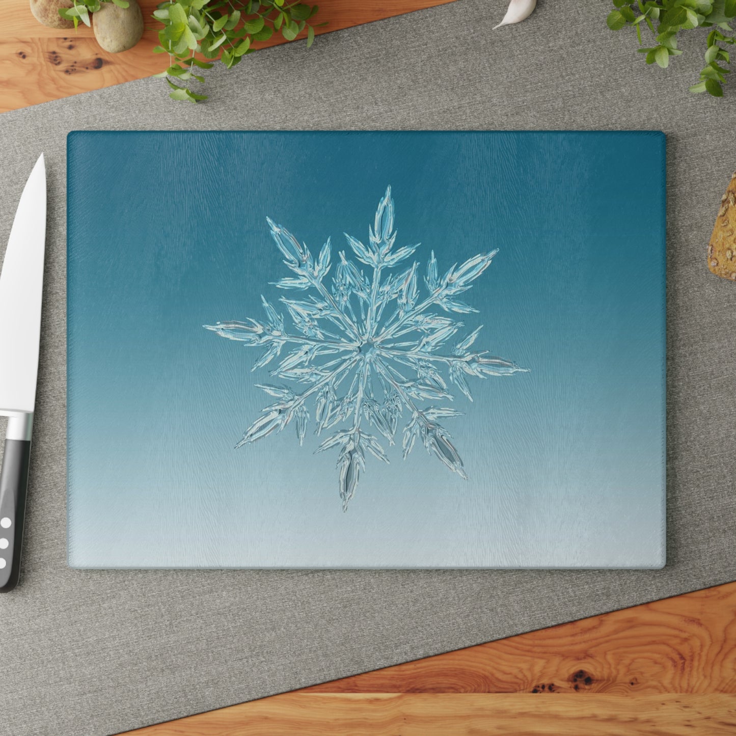 Snowflake Glass Cutting Board — Winter Kitchen Décor & Holiday Gift