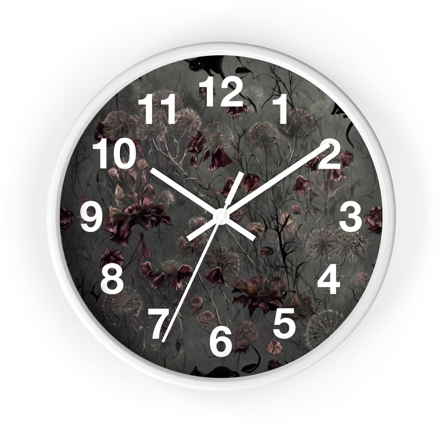 Vintage Dark Floral Wall Clock — Moody Botanical Timepiece with Large Numerals