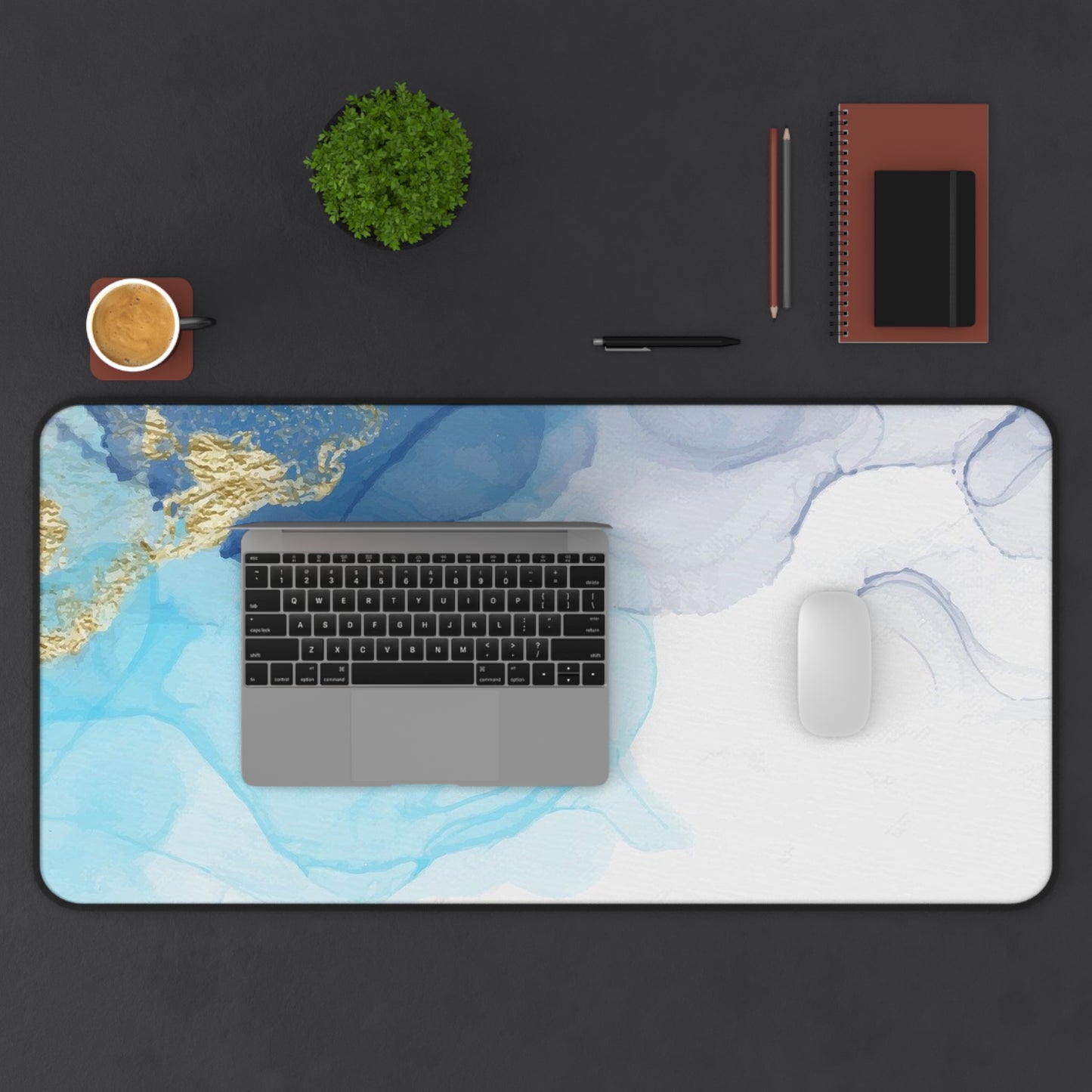 Ocean Blue Marble Desk Mat — Abstract Gold Accent Mouse Pad