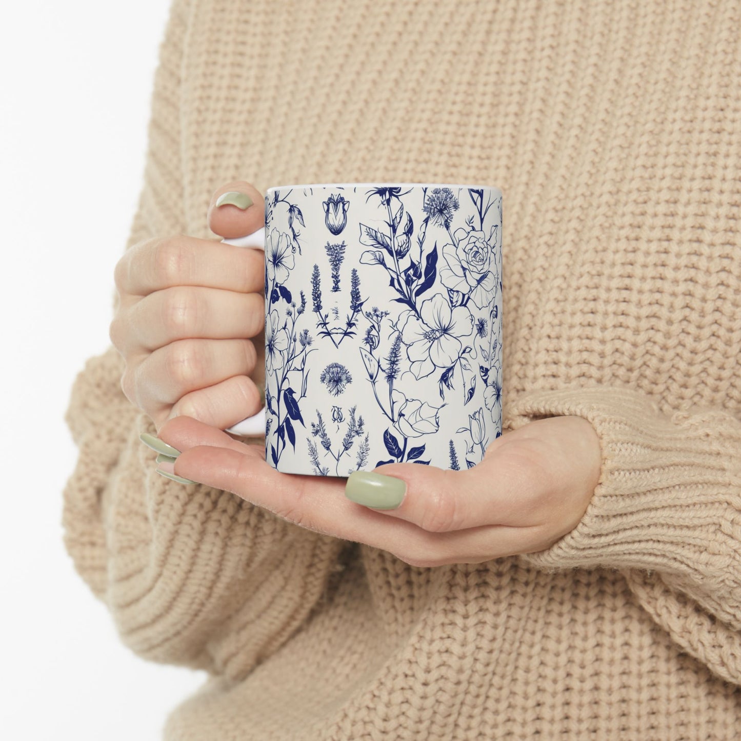 Blue Floral Ceramic Mug — Vintage Navy Botanical Coffee Cup (11oz, 15oz)