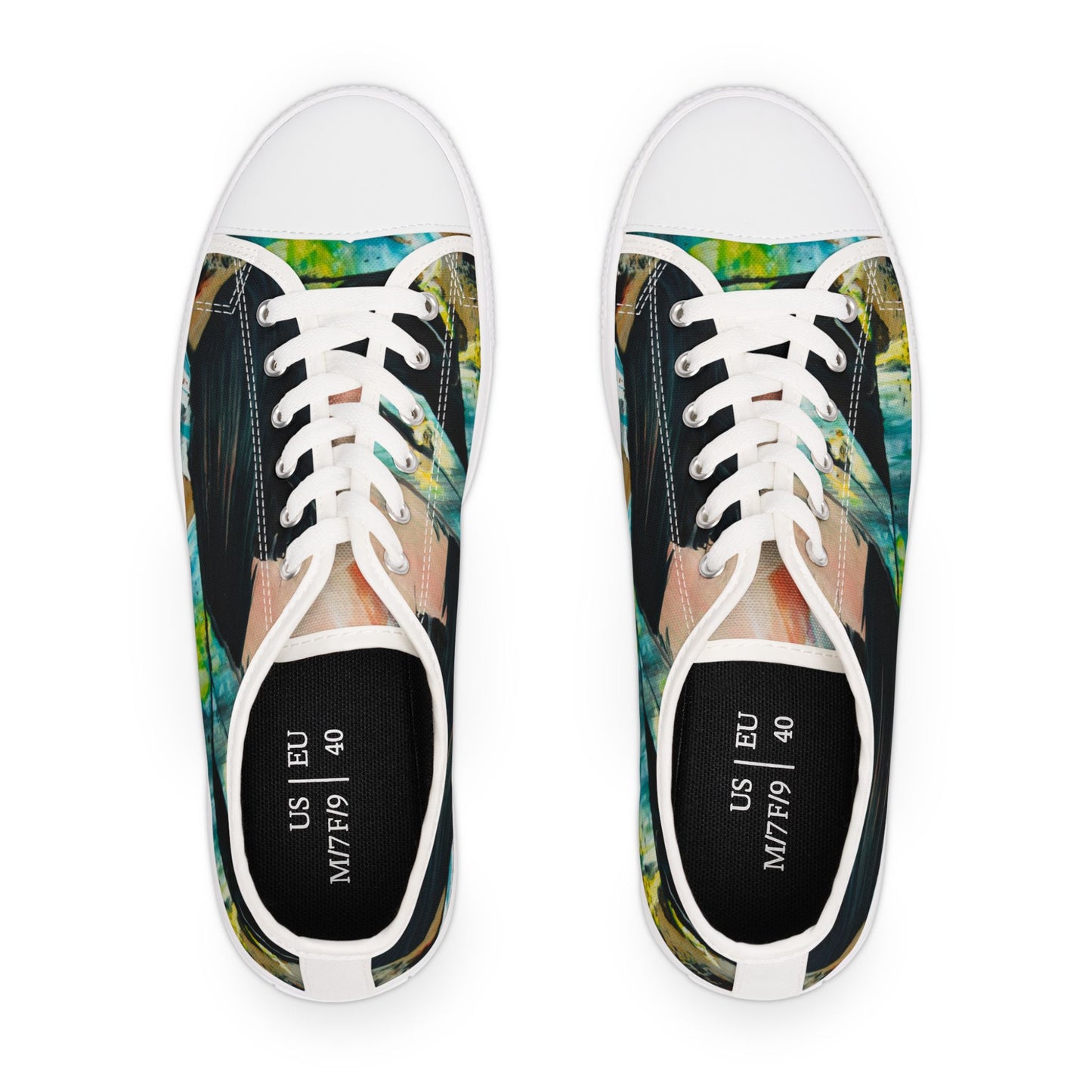 Low Top Sneakers — Abstract Teal & Yellow Brushstroke Canvas Shoes